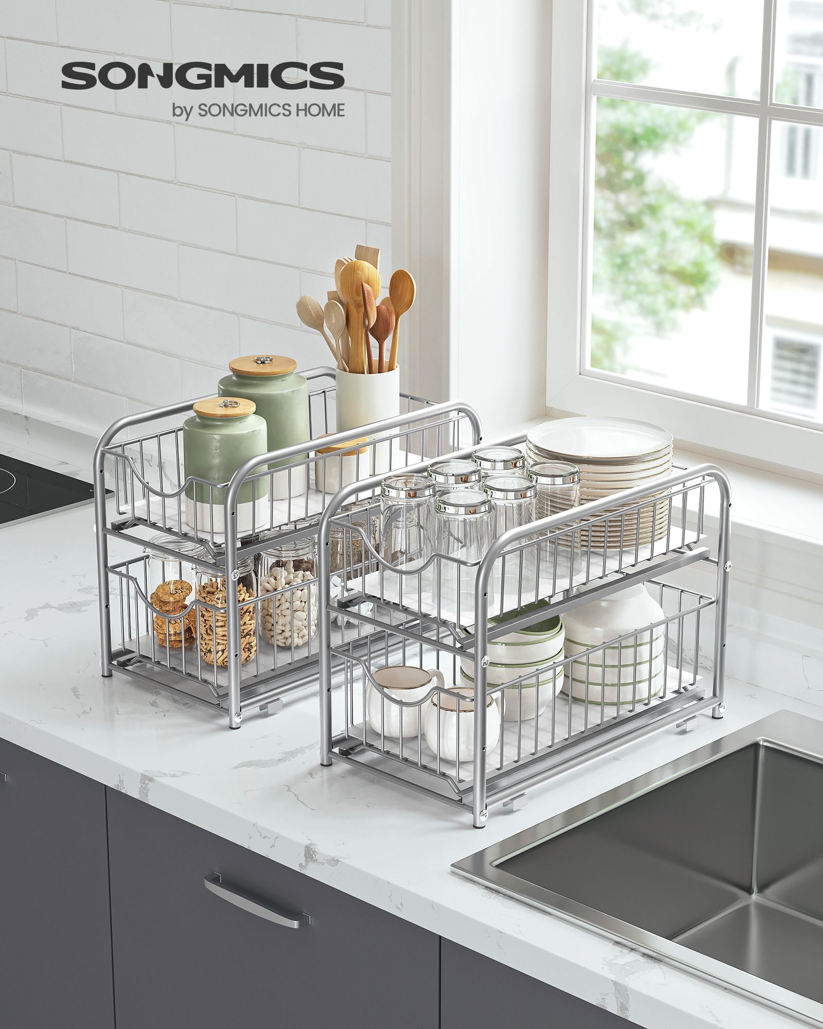 Set of 2 Sliding Basket Organizers - Silver - Metallic