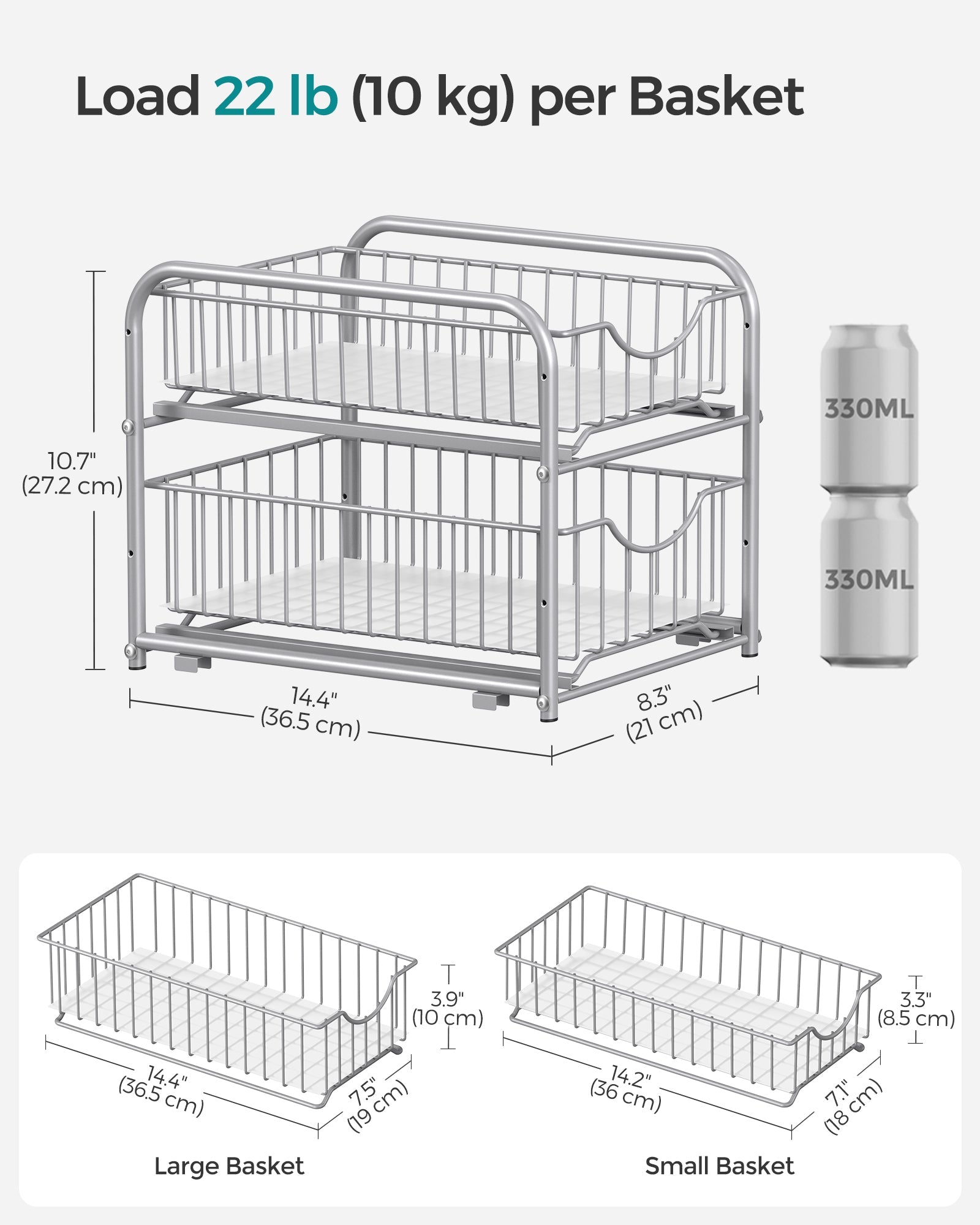 Set of 2 Sliding Basket Organizers - Silver - Metallic
