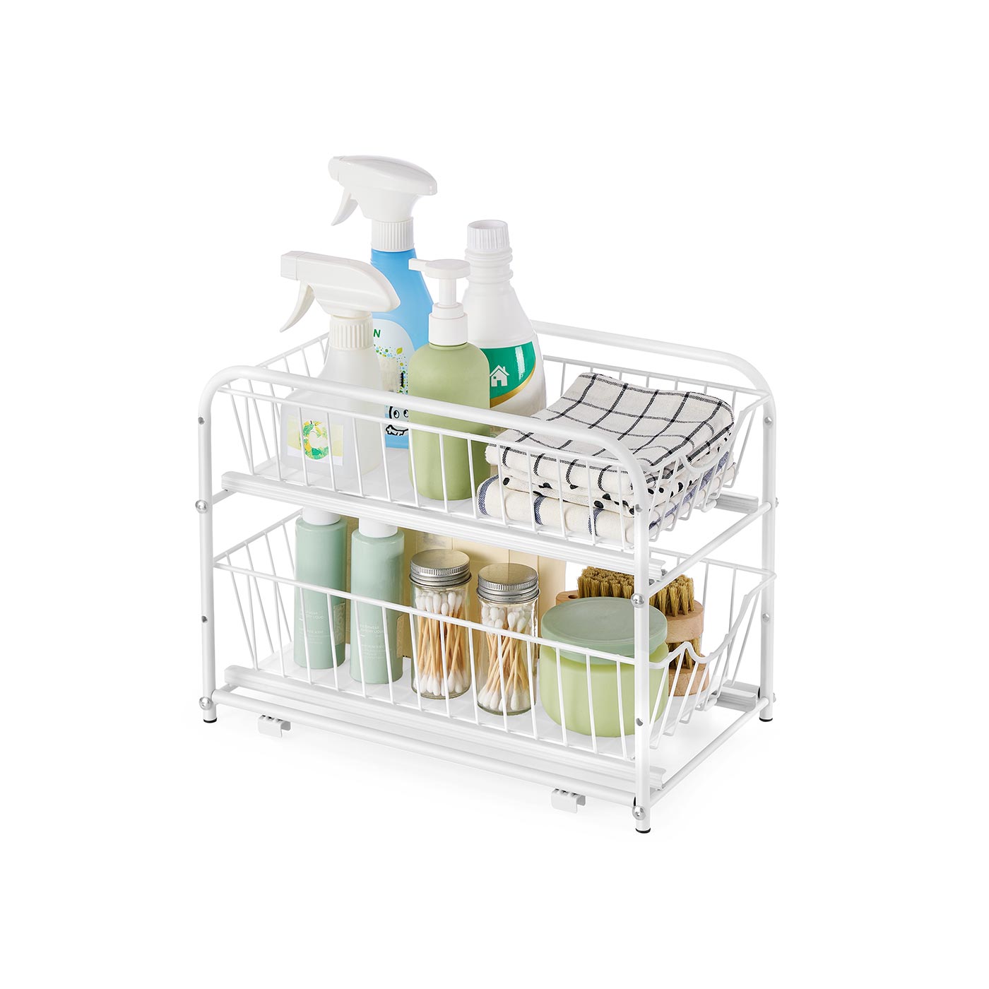 Under Sink Storage Organiser - Matte White - 2-Tier Design with Sliding Basket Drawers
