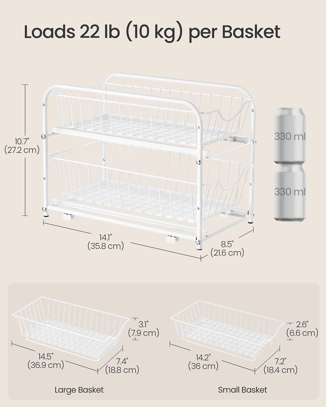Under Sink Storage Organiser - Matte White - 2-Tier Design with Sliding Basket Drawers