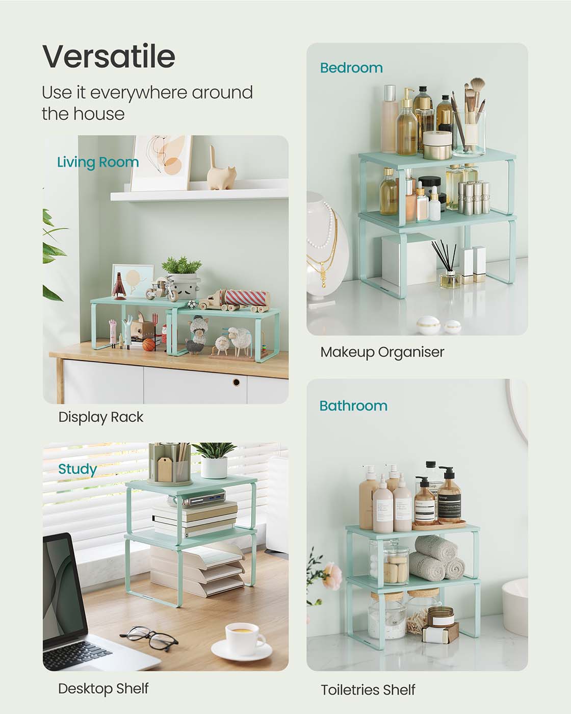 Set of 2 Stackable Expandable Kitchen Spice Racks - Metal - Moonlight Green - Organisers for Cupboards