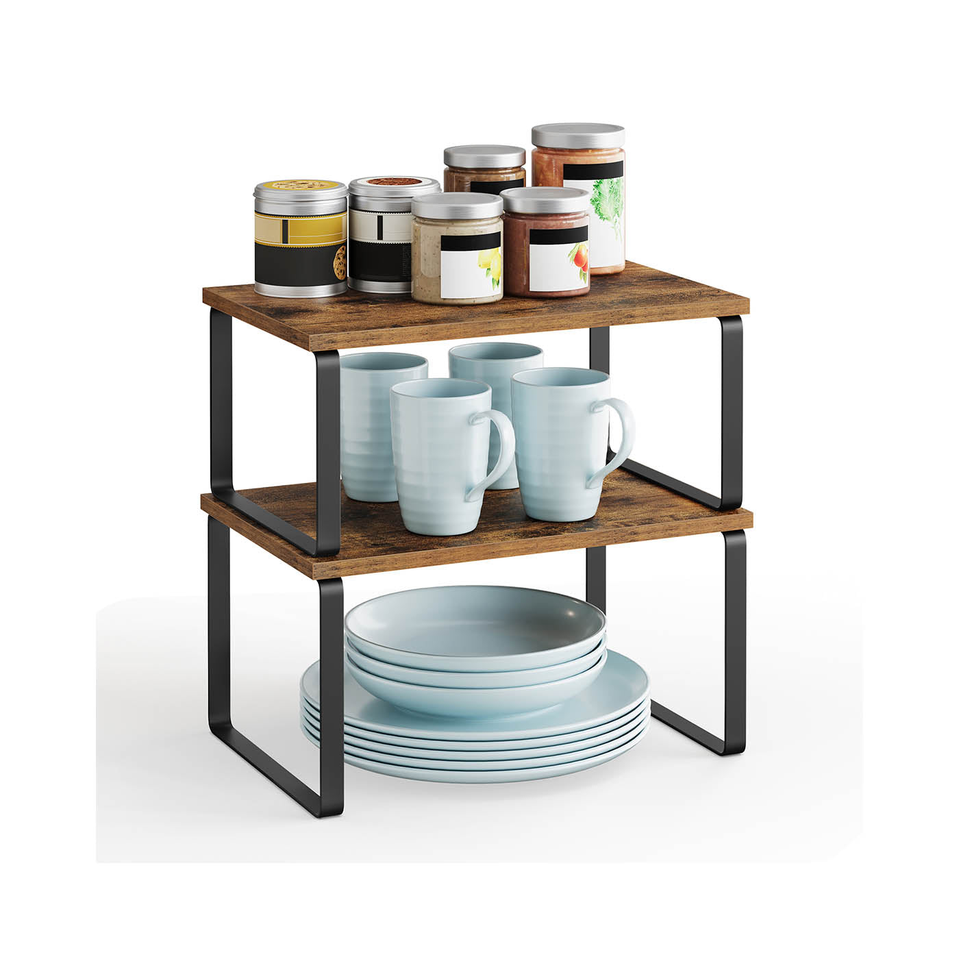 Set of 2 Cupboard Shelf Organisers - Metal - Black and Rustic Brown - Expandable and Stackable