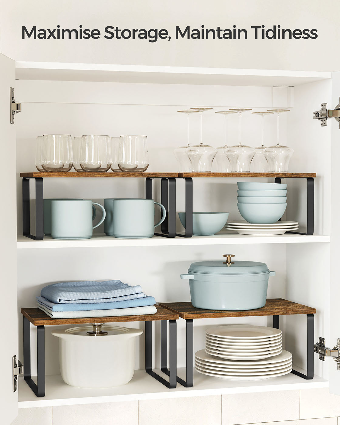 Set of 2 Cupboard Shelf Organisers - Metal - Black and Rustic Brown - Expandable and Stackable