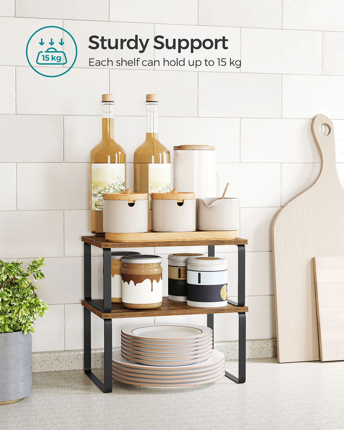 Set of 2 Cupboard Shelf Organisers - Metal - Black and Rustic Brown - Expandable and Stackable