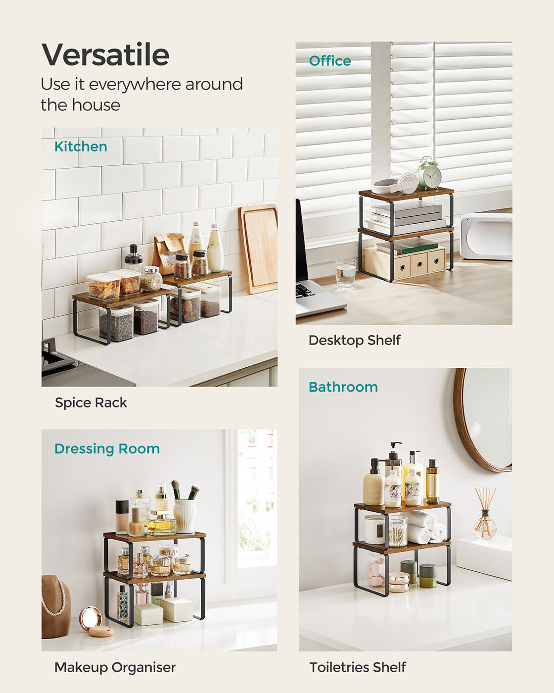 Set of 2 Cupboard Shelf Organisers - Metal - Black and Rustic Brown - Expandable and Stackable