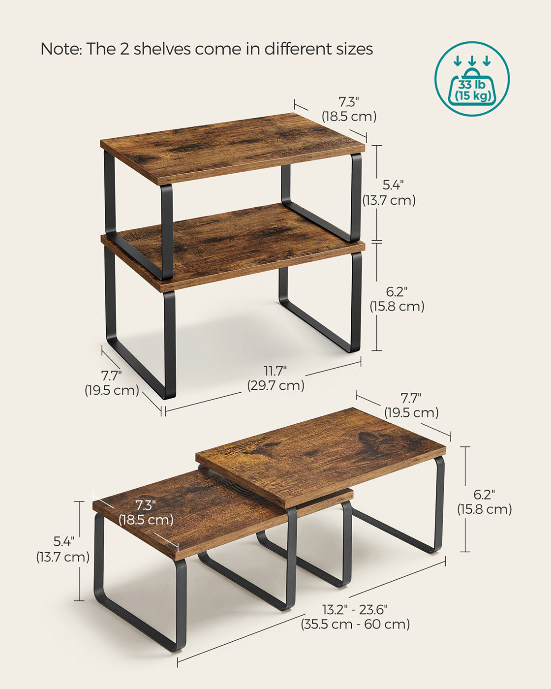 Set of 2 Cupboard Shelf Organisers - Metal - Black and Rustic Brown - Expandable and Stackable