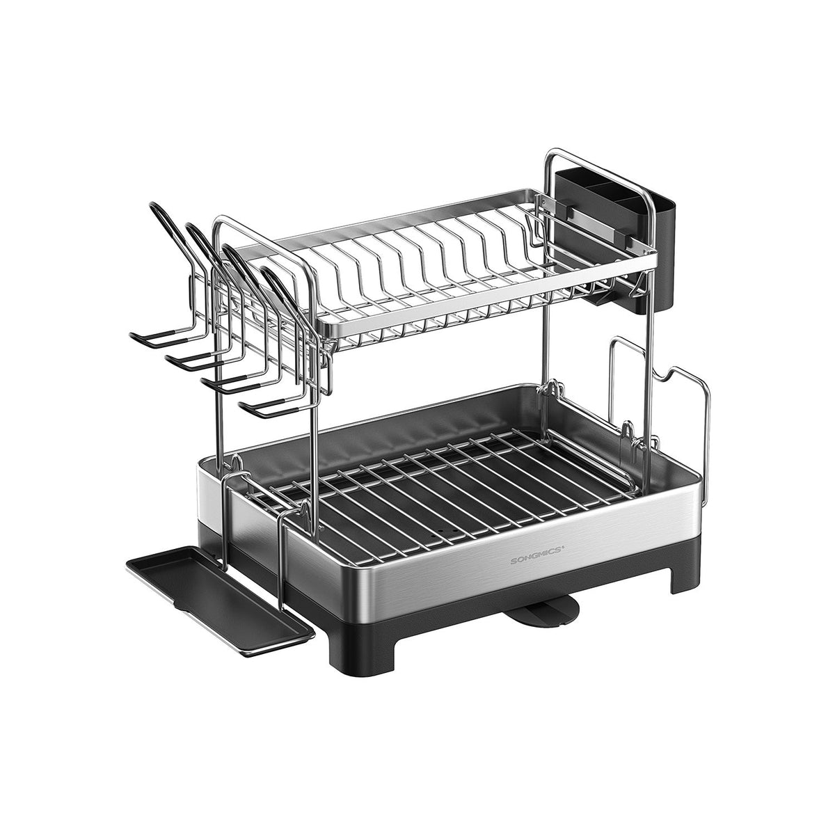 2-Tier Dish Drainer - Metal - Silver - Rotatable and Extendable Drain Spout with Draining Board and Drip Tray