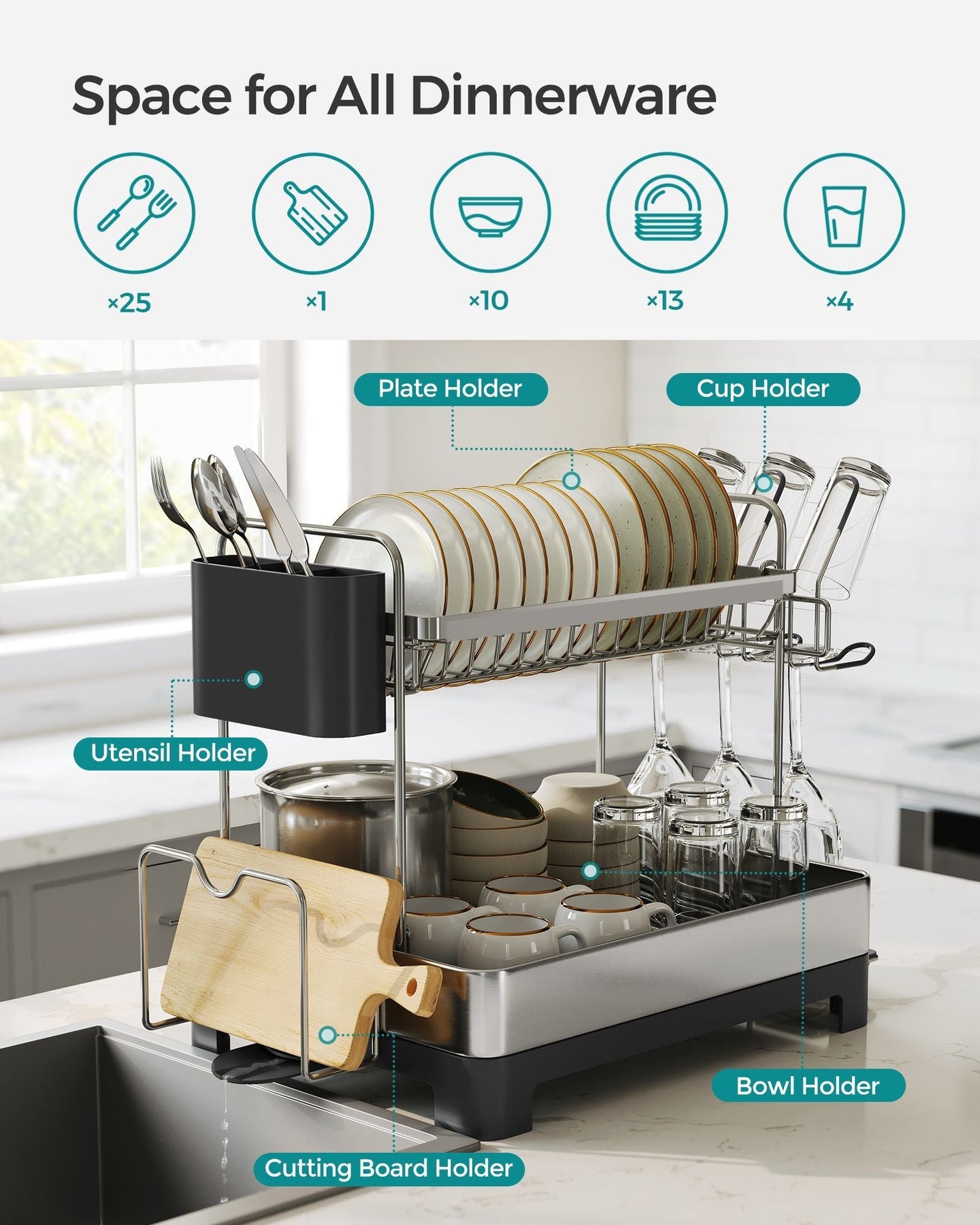 2-Tier Dish Drainer - Metal - Silver - Rotatable and Extendable Drain Spout with Draining Board and Drip Tray