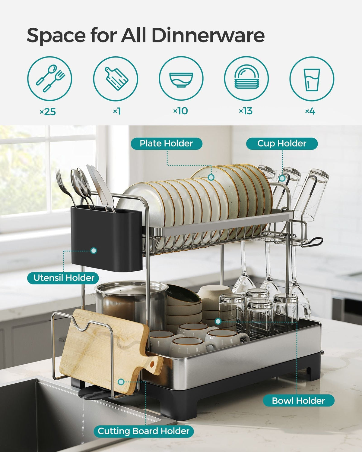 2-Tier Dish Drainer - Metal - Silver - Rotatable and Extendable Drain Spout with Draining Board and Drip Tray