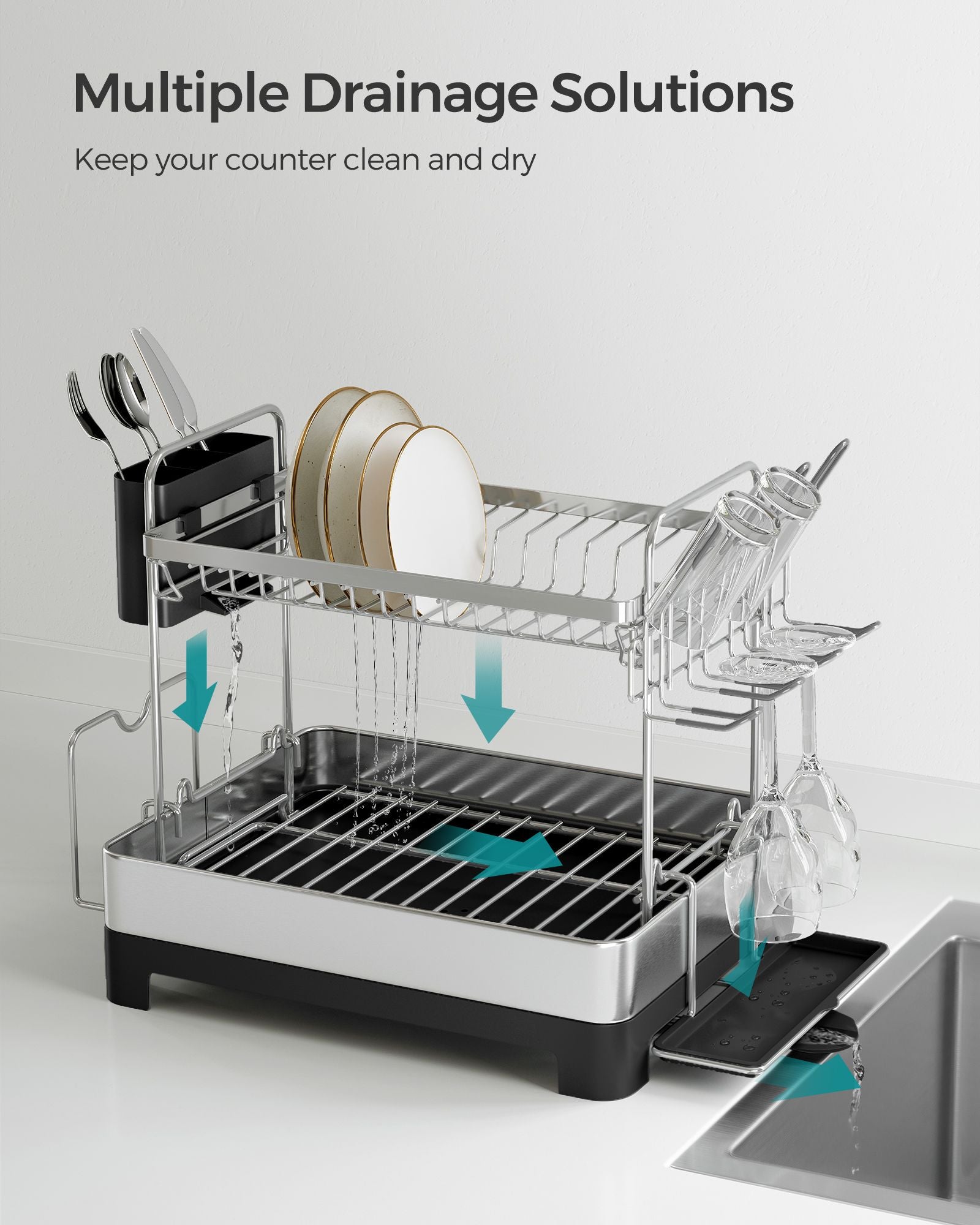 2-Tier Dish Drainer - Metal - Silver - Rotatable and Extendable Drain Spout with Draining Board and Drip Tray