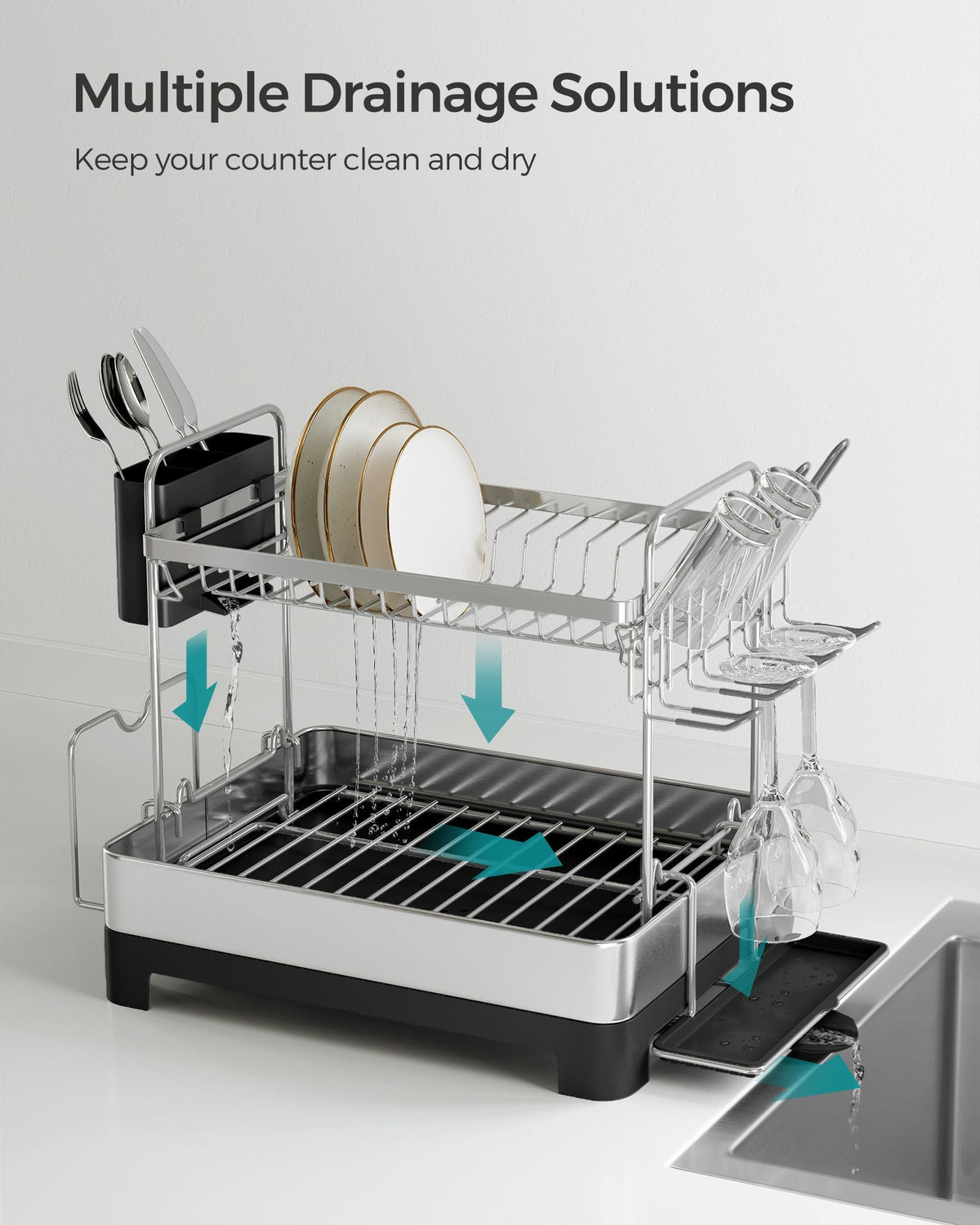 2-Tier Dish Drainer - Metal - Silver - Rotatable and Extendable Drain Spout with Draining Board and Drip Tray