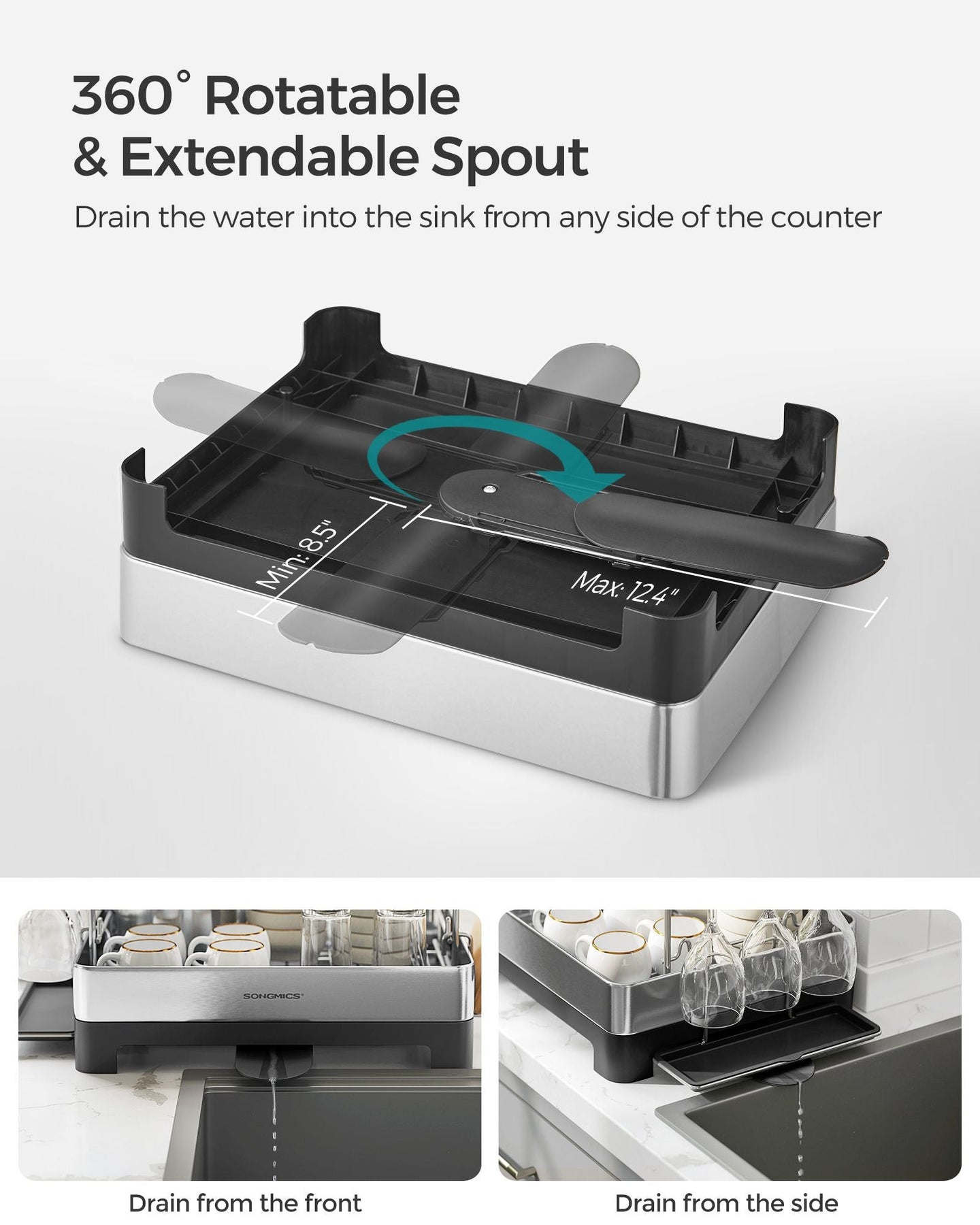 2-Tier Dish Drainer - Metal - Silver - Rotatable and Extendable Drain Spout with Draining Board and Drip Tray