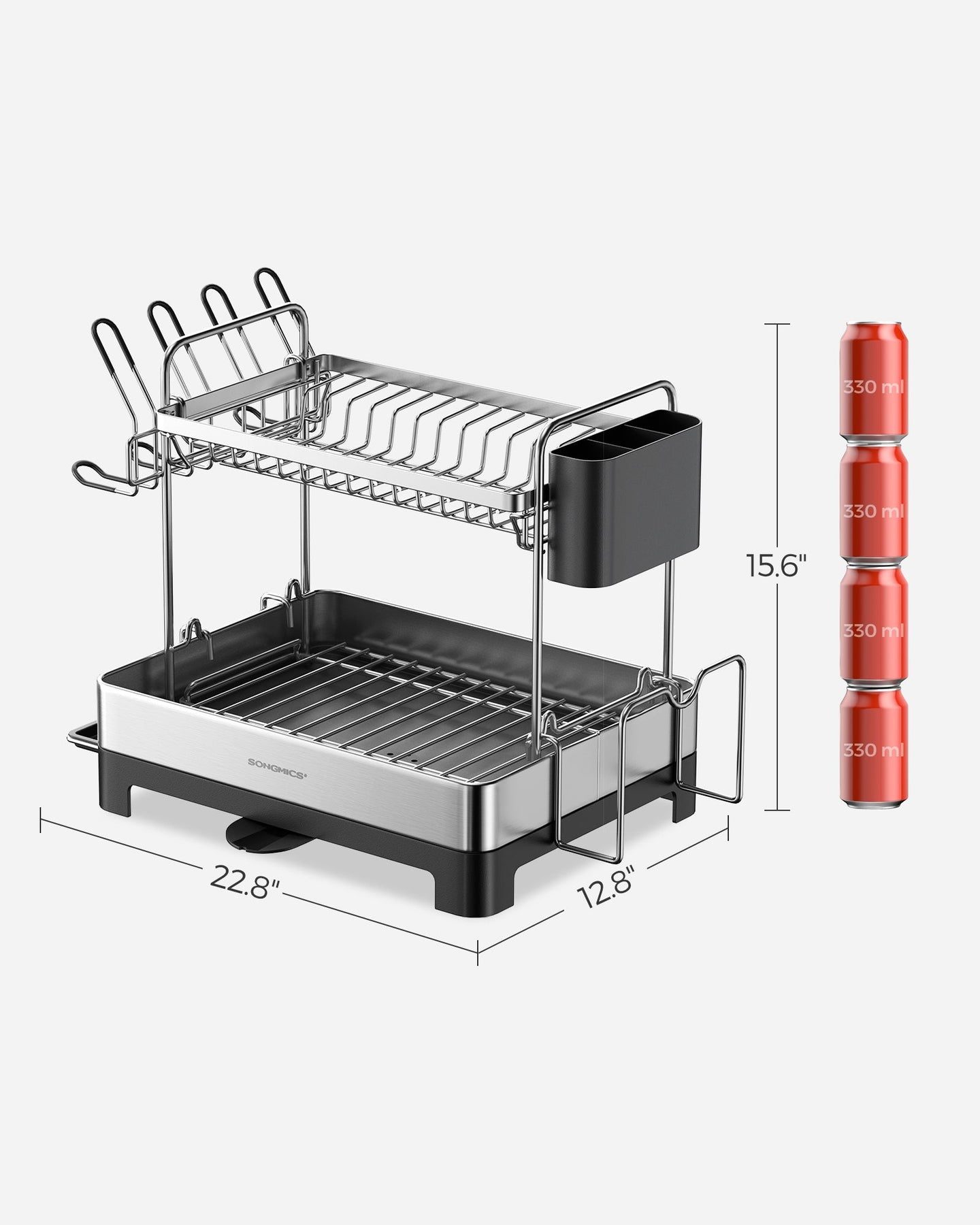 2-Tier Dish Drainer - Metal - Silver - Rotatable and Extendable Drain Spout with Draining Board and Drip Tray