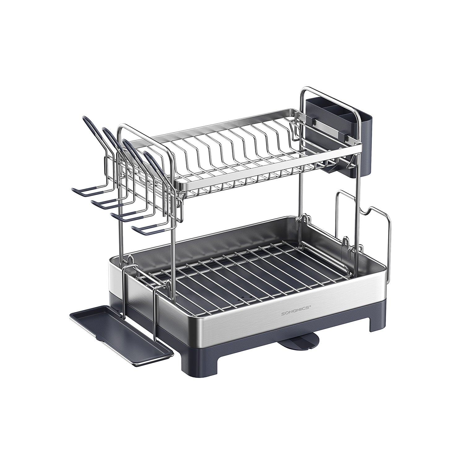 2-Tier Dish Drainer - Metal - Silver - Rotatable and Extendable Drain Spout with Draining Board and Drip Tray