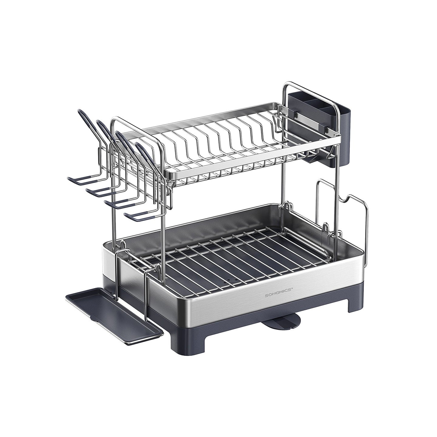 2-Tier Dish Drainer - Metal - Silver - Rotatable and Extendable Drain Spout with Draining Board and Drip Tray
