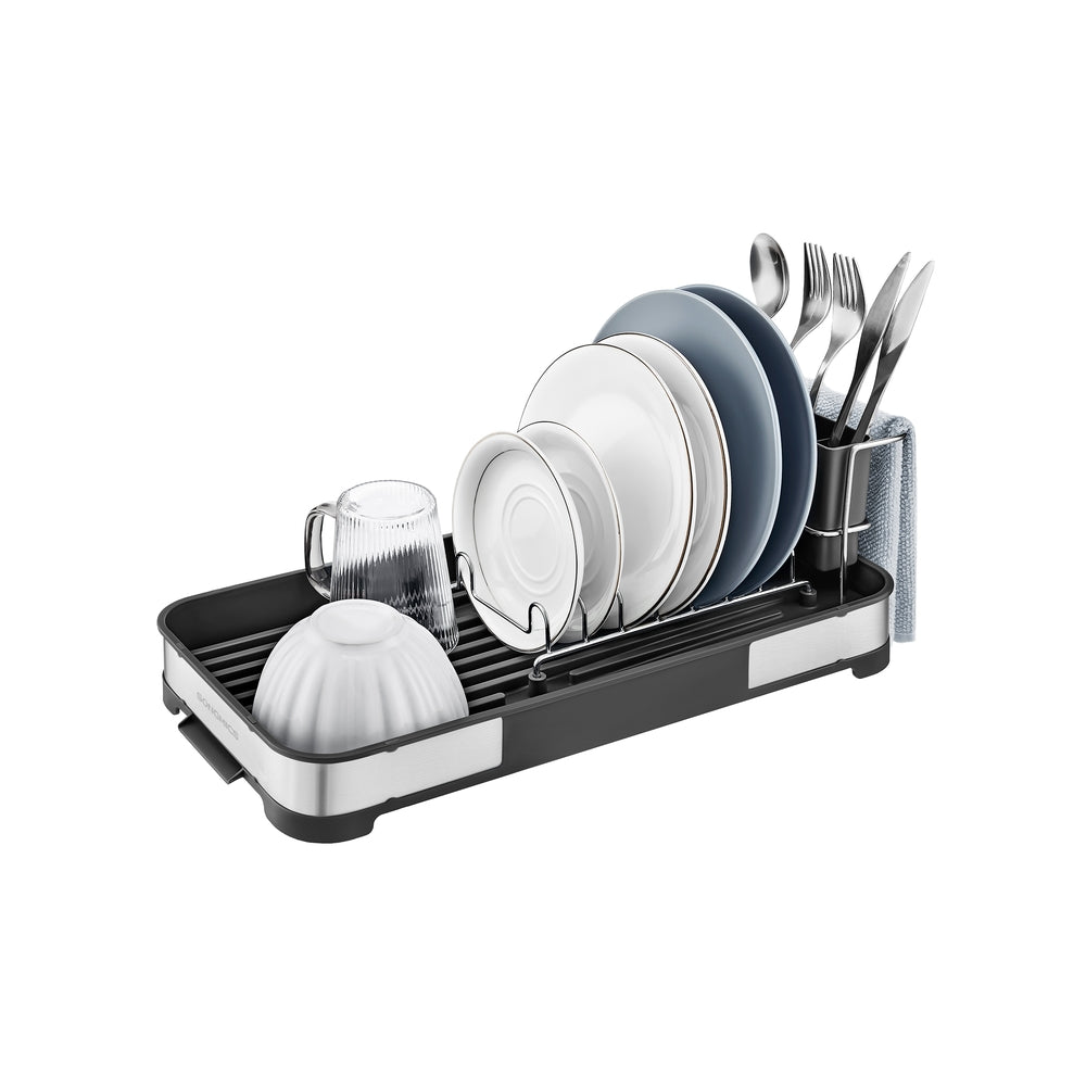 Dish Drying Rack - Stainless Steel - Silver and Black - Mini Design with Drain and Utensil Holder