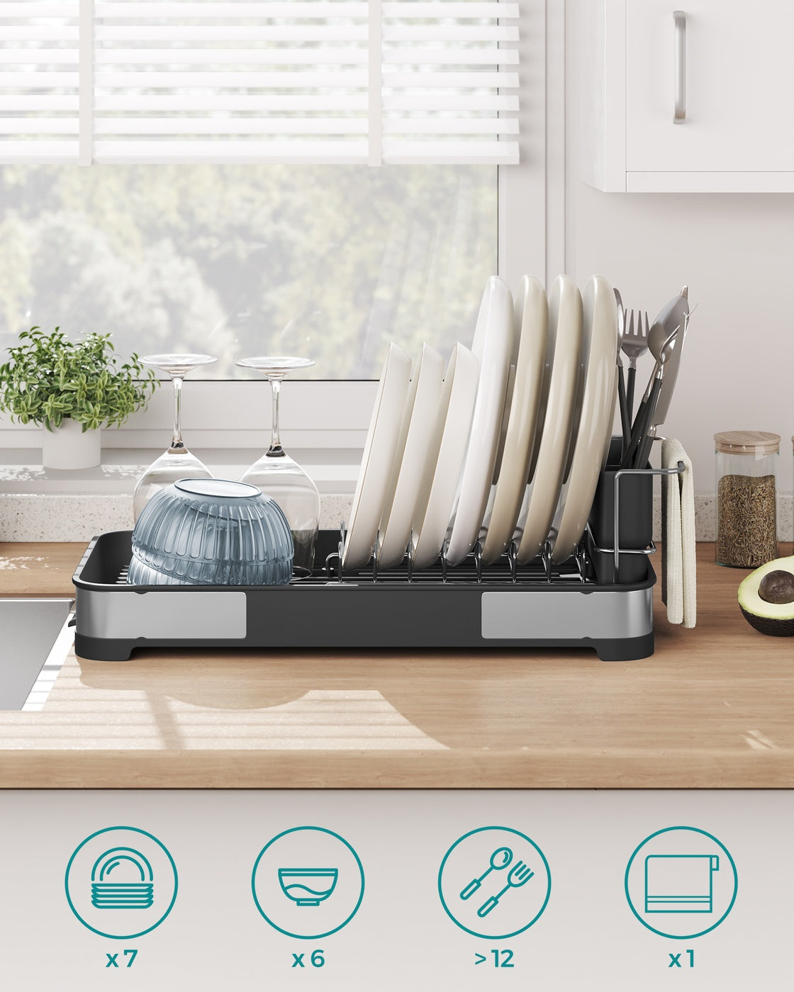 Dish Drying Rack - Stainless Steel - Silver and Black - Mini Design with Drain and Utensil Holder