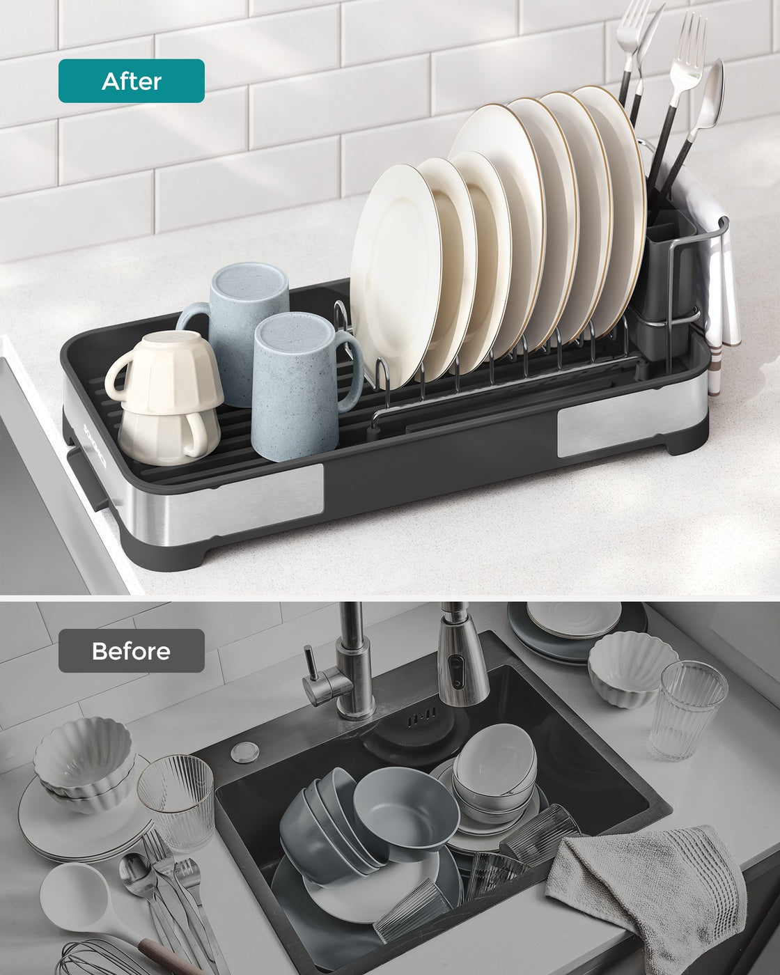 Dish Drying Rack - Stainless Steel - Silver and Black - Mini Design with Drain and Utensil Holder