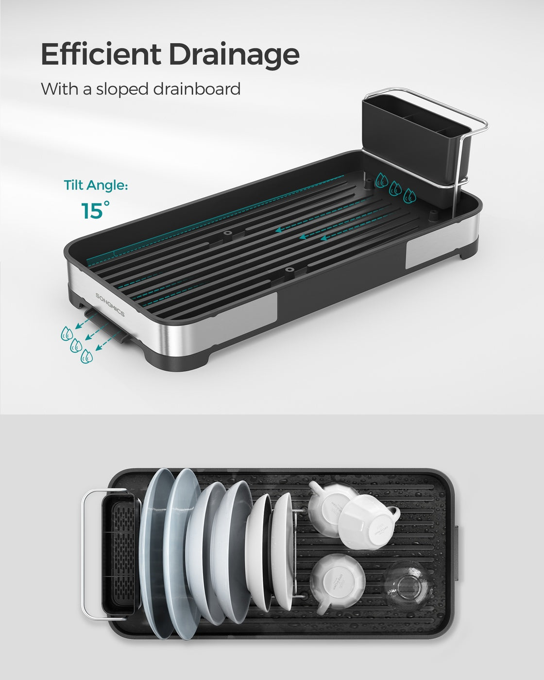 Dish Drying Rack - Stainless Steel - Silver and Black - Mini Design with Drain and Utensil Holder