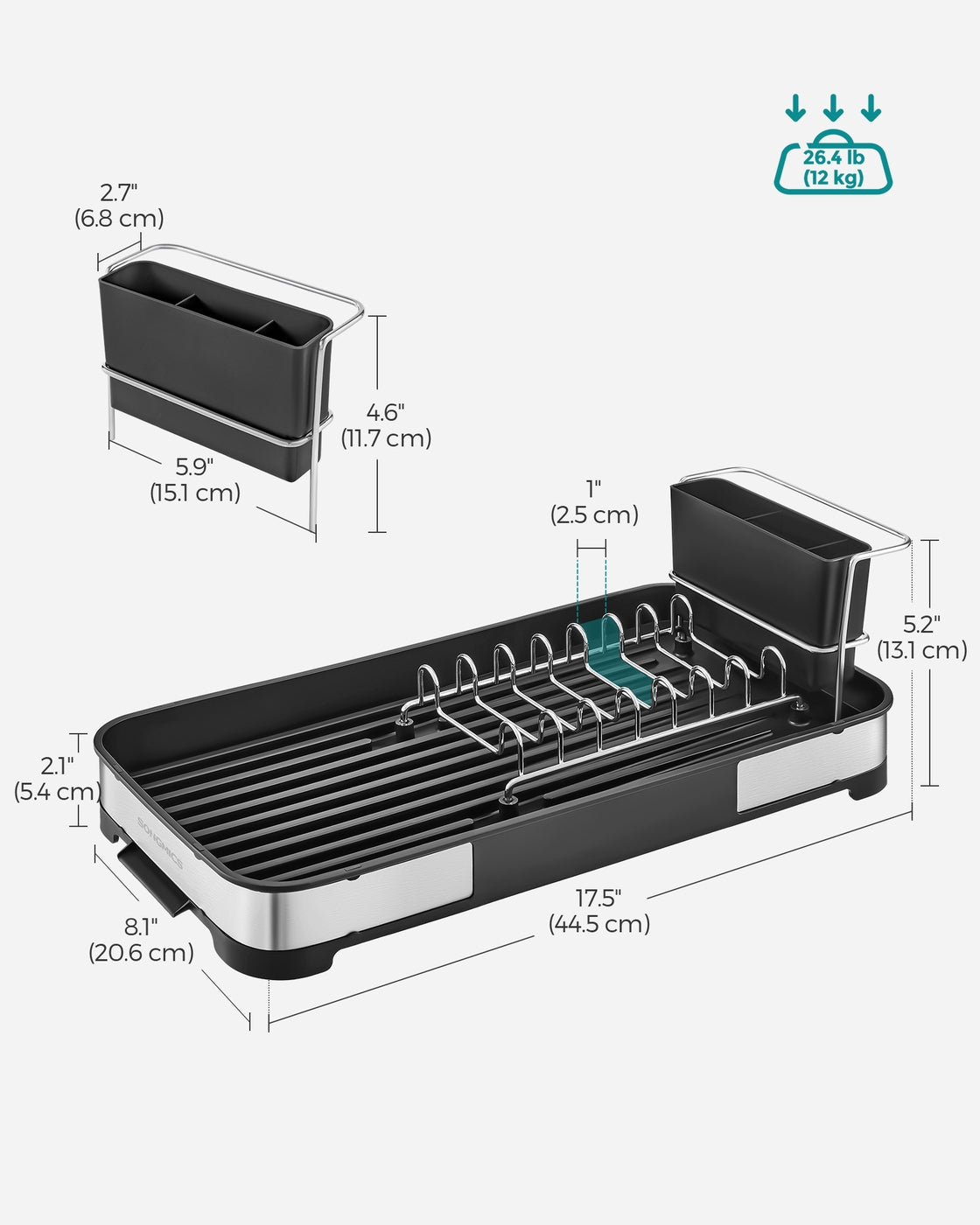 Dish Drying Rack - Stainless Steel - Silver and Black - Mini Design with Drain and Utensil Holder