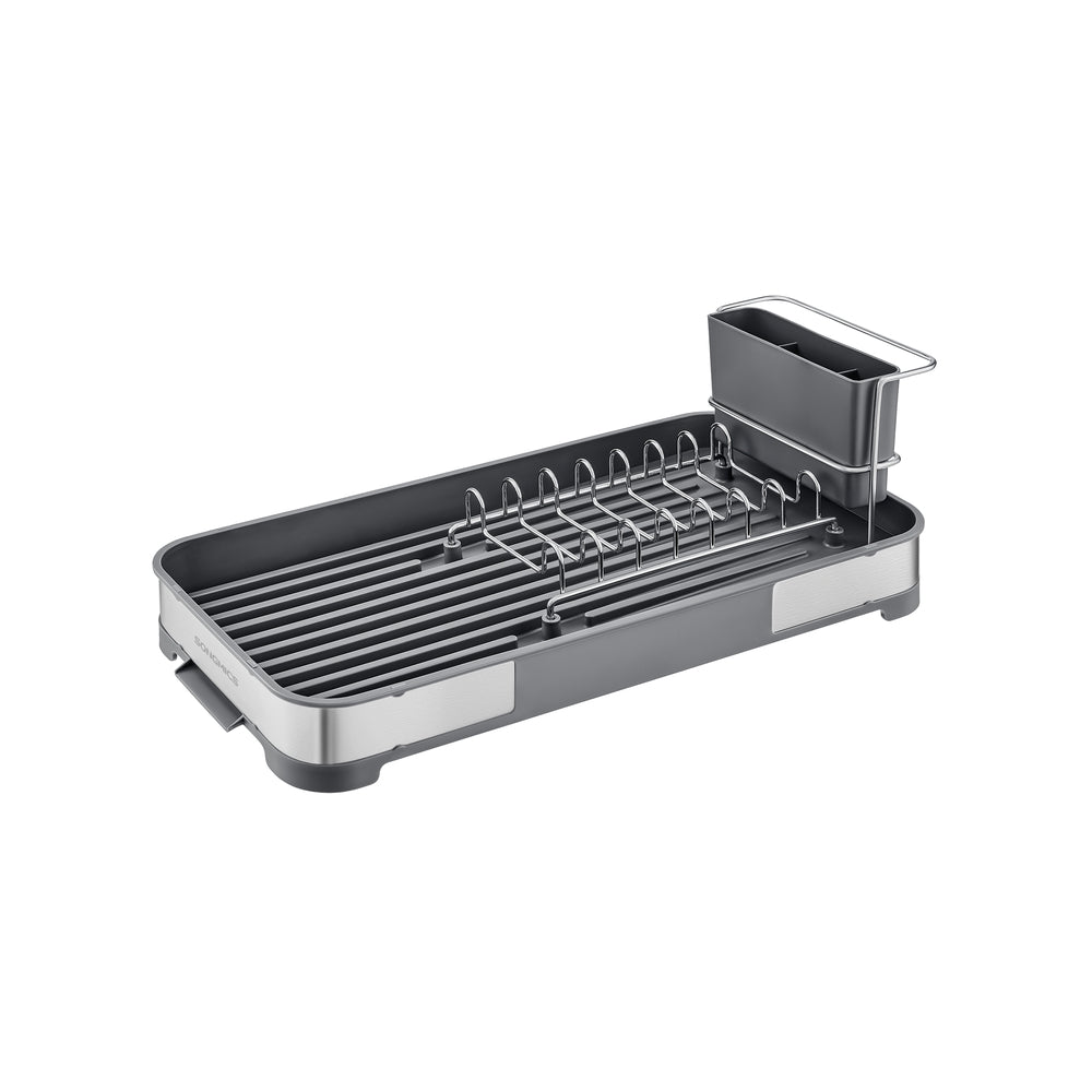 Dish Drying Rack - Stainless Steel - Silver and Black - Mini Design with Drain and Utensil Holder