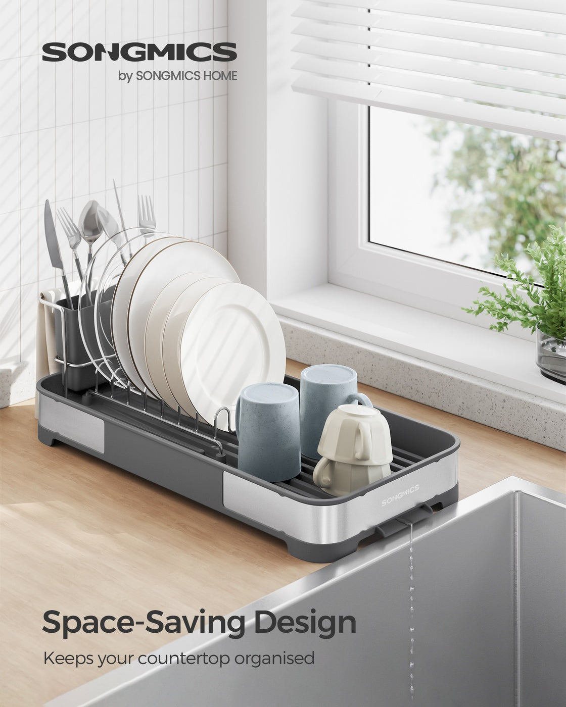 Dish Drying Rack - Stainless Steel - Silver and Black - Mini Design with Drain and Utensil Holder