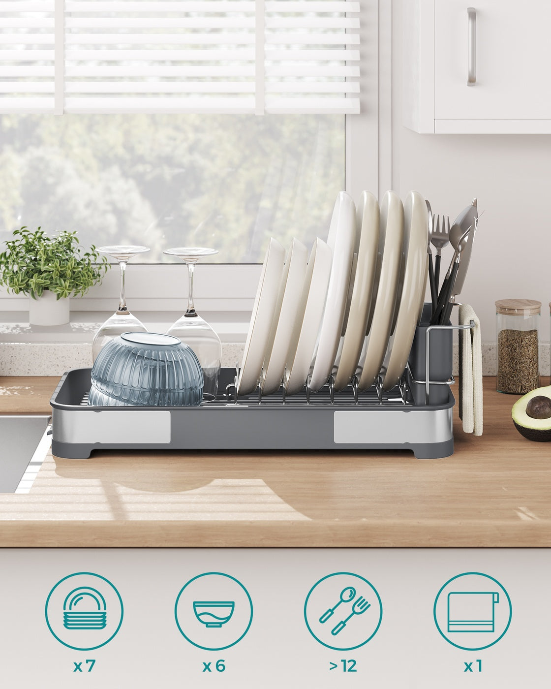 Dish Drying Rack - Stainless Steel - Silver and Black - Mini Design with Drain and Utensil Holder