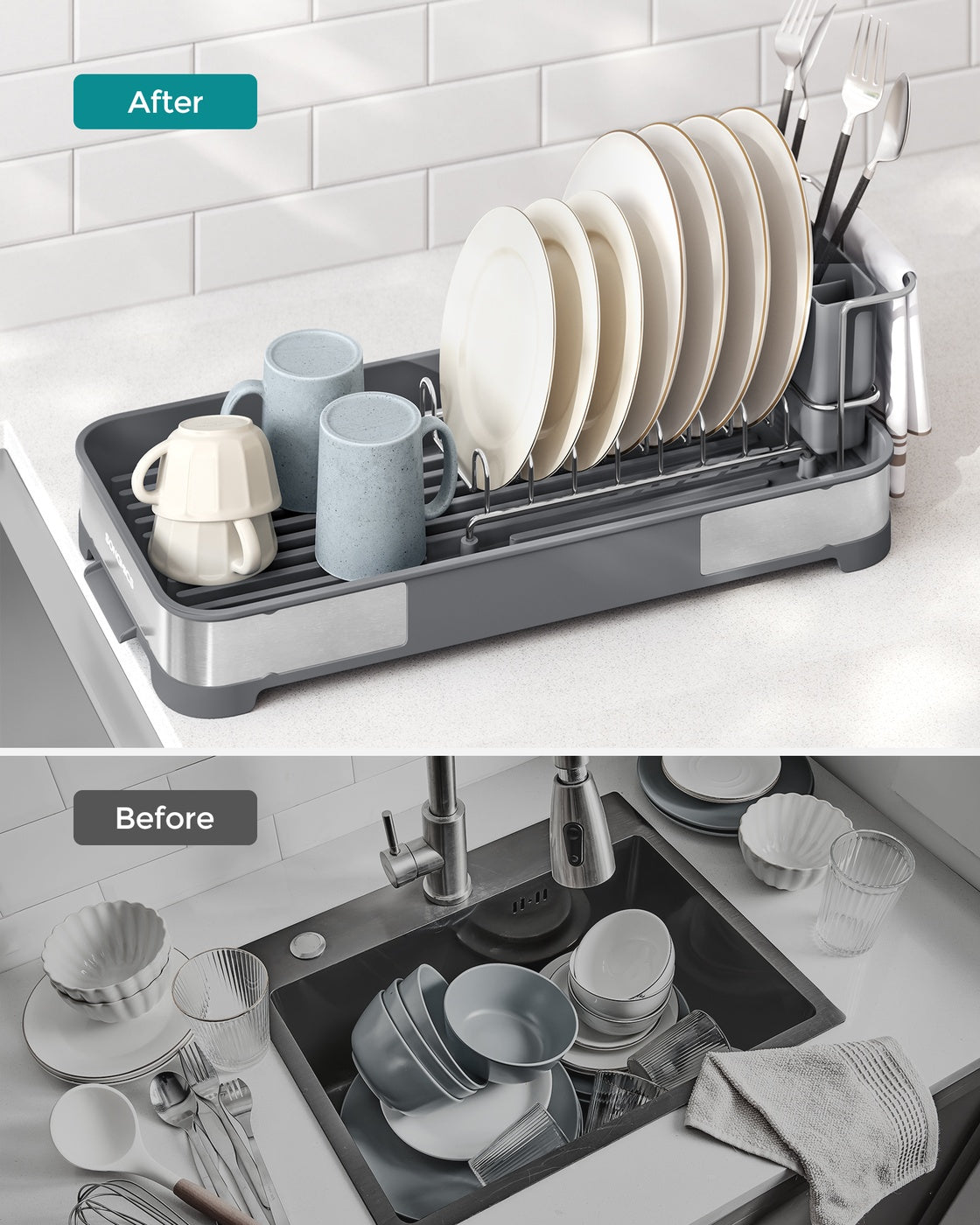 Dish Drying Rack - Stainless Steel - Silver and Black - Mini Design with Drain and Utensil Holder