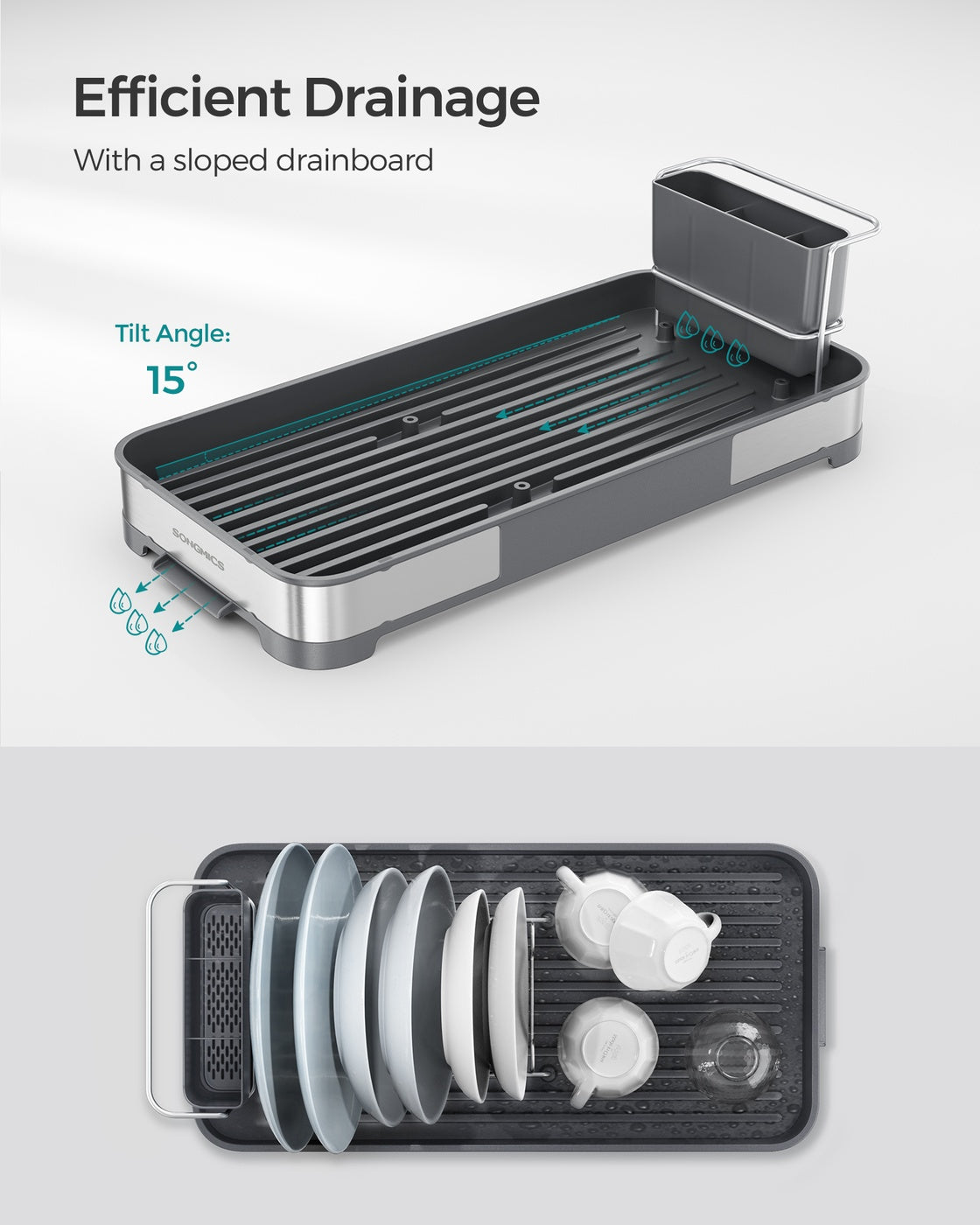 Dish Drying Rack - Stainless Steel - Silver and Black - Mini Design with Drain and Utensil Holder
