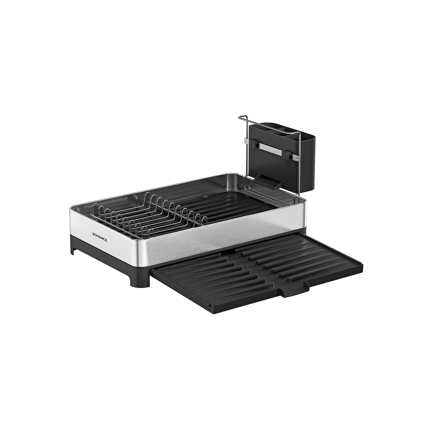 Dish Drainer Rack - Stainless Steel - Silver and Black - Expandable with Utensil Holder