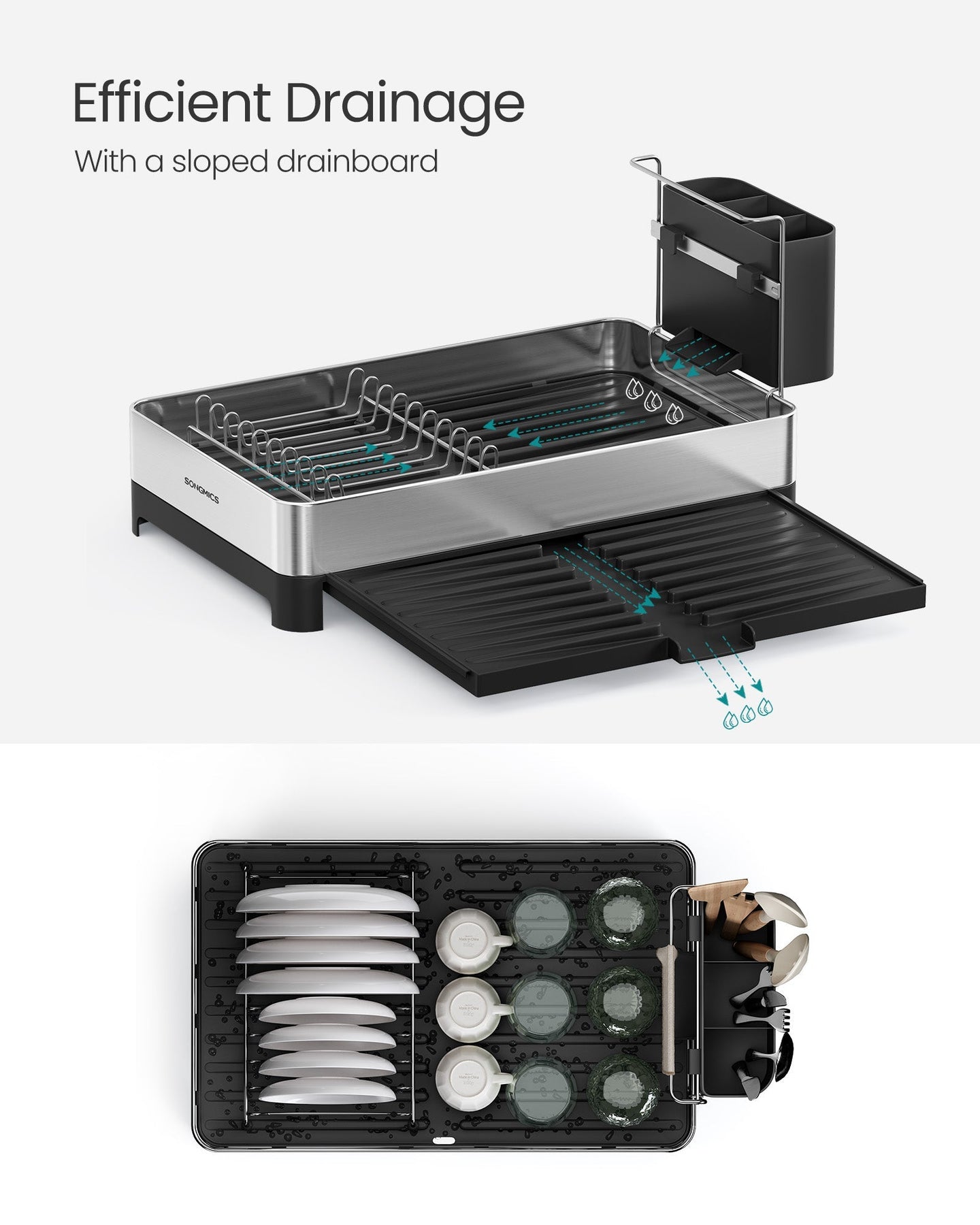 Dish Drainer Rack - Stainless Steel - Silver and Black - Expandable with Utensil Holder