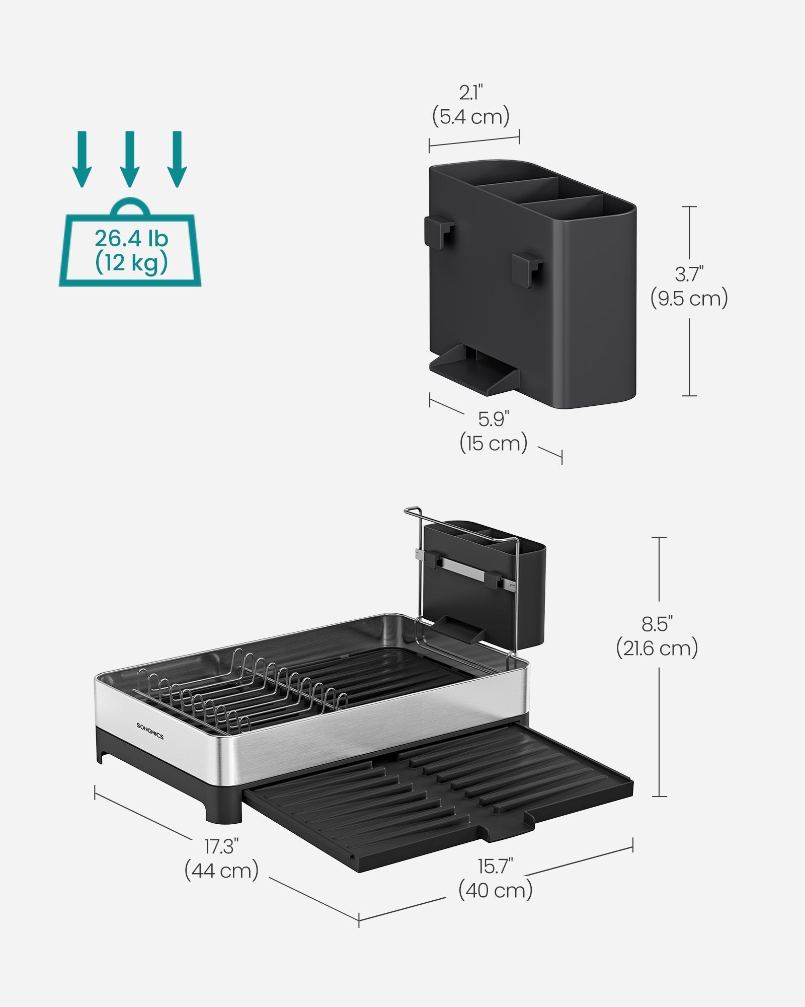 Dish Drainer Rack - Stainless Steel - Silver and Black - Expandable with Utensil Holder