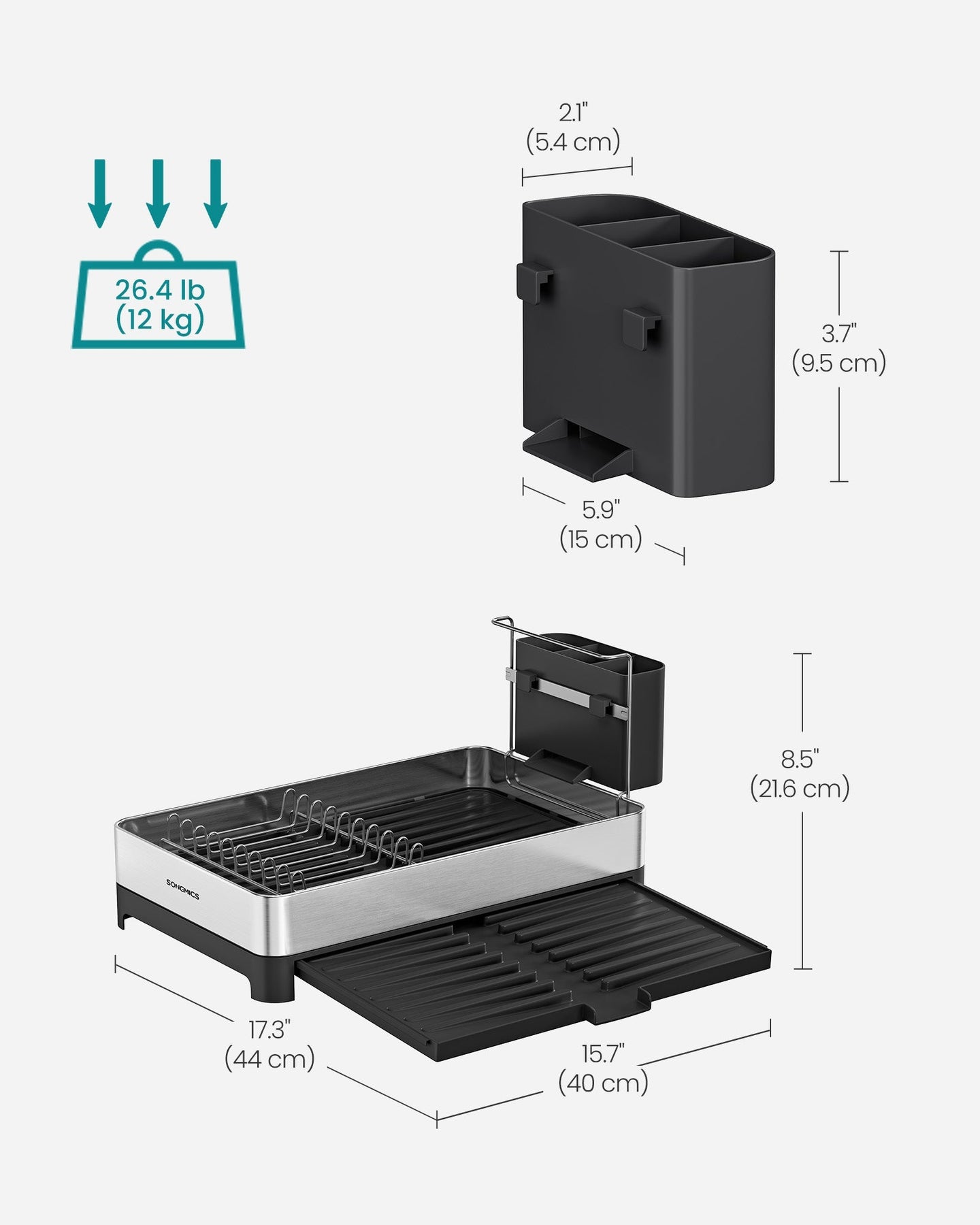 Dish Drainer Rack - Stainless Steel - Silver and Black - Expandable with Utensil Holder