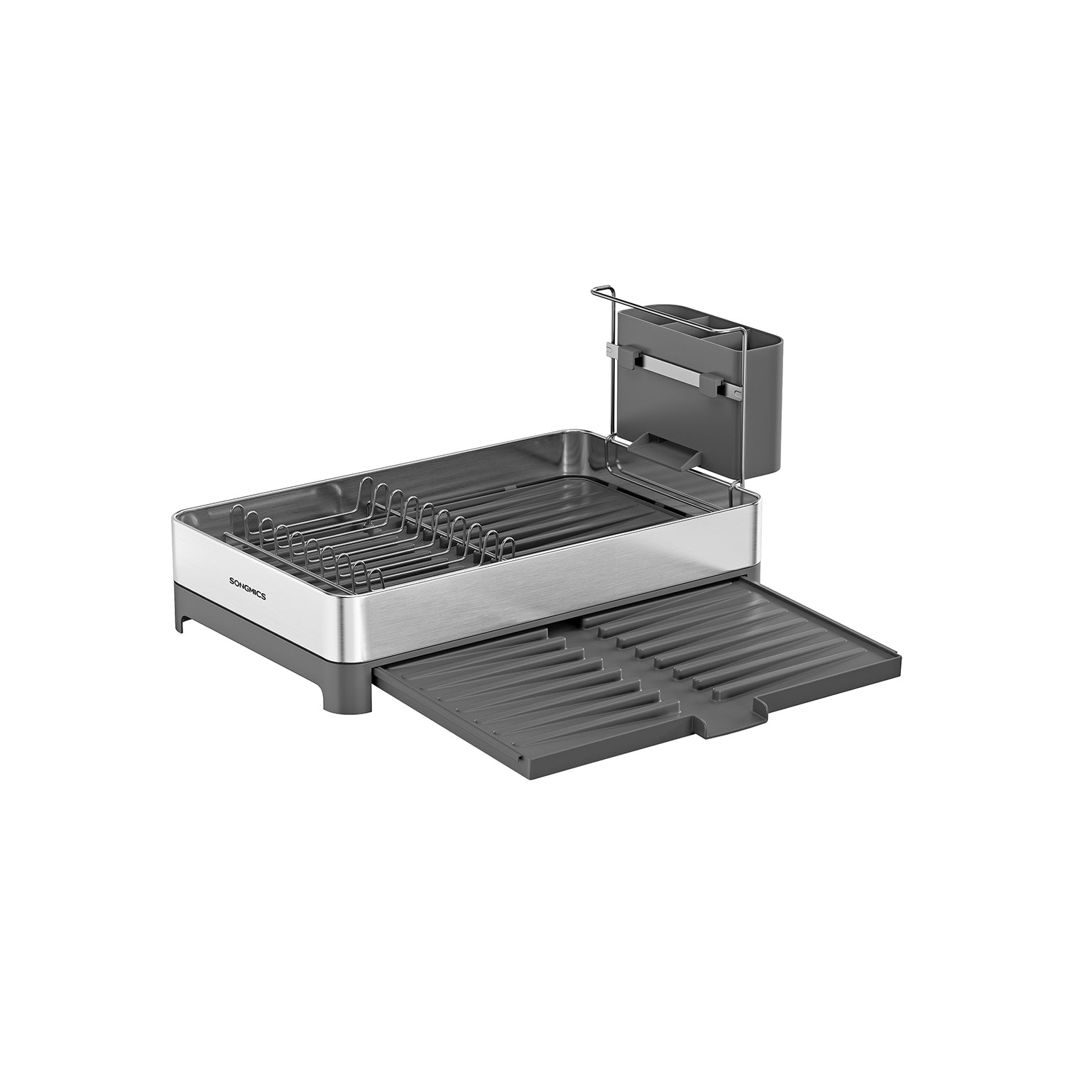Dish Drainer Rack - Stainless Steel - Silver and Black - Expandable with Utensil Holder