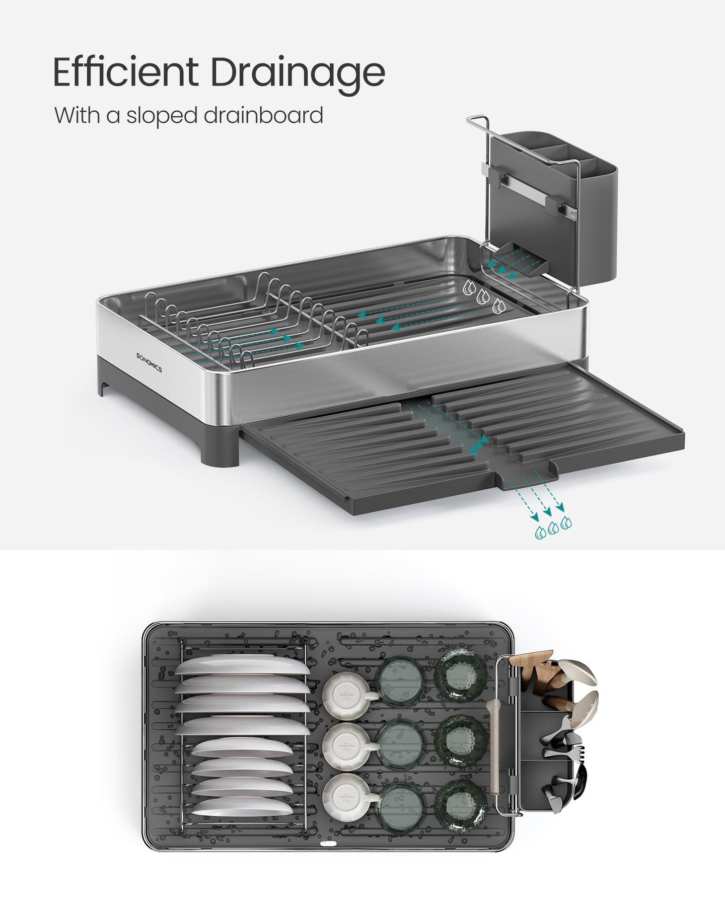 Expandable Stainless Steel Dish Drainer Rack - Silver and Grey - Rustproof with Utensil Holder