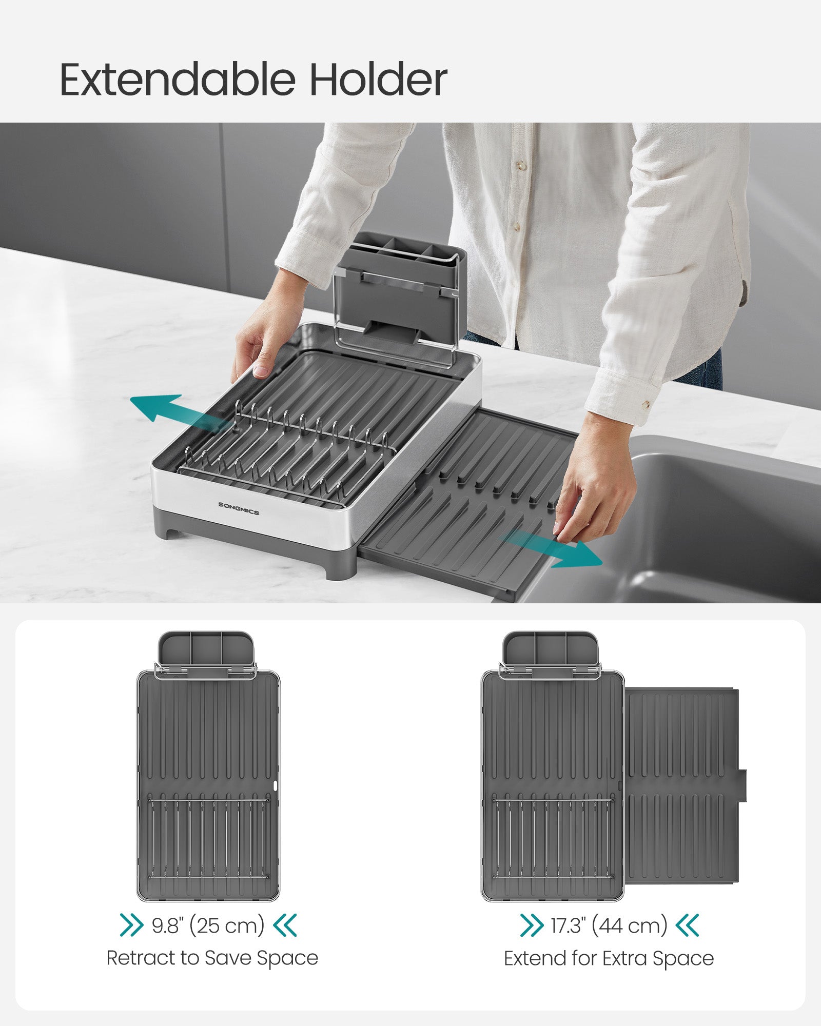 Expandable Stainless Steel Dish Drainer Rack - Silver and Grey - Rustproof with Utensil Holder