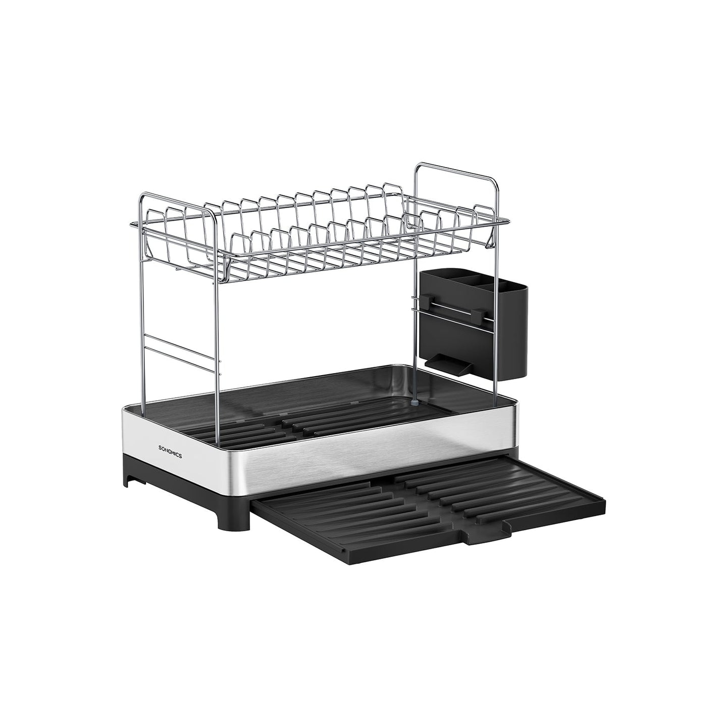 2-Tier Dish Drainer Rack - Stainless Steel - Silver and Black - Expandable with Utensil Holder