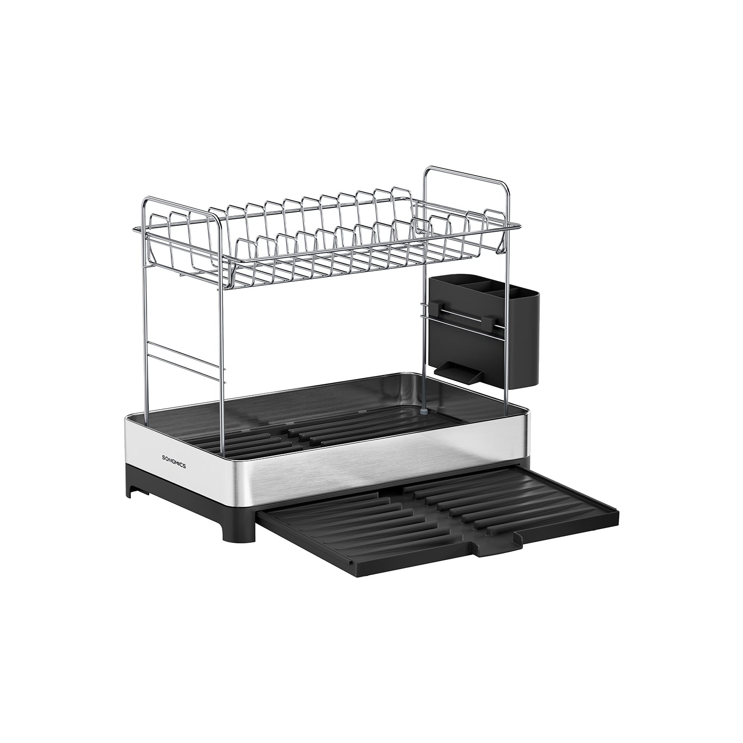 2-Tier Dish Drainer Rack - Stainless Steel - Silver and Black - Expandable with Utensil Holder
