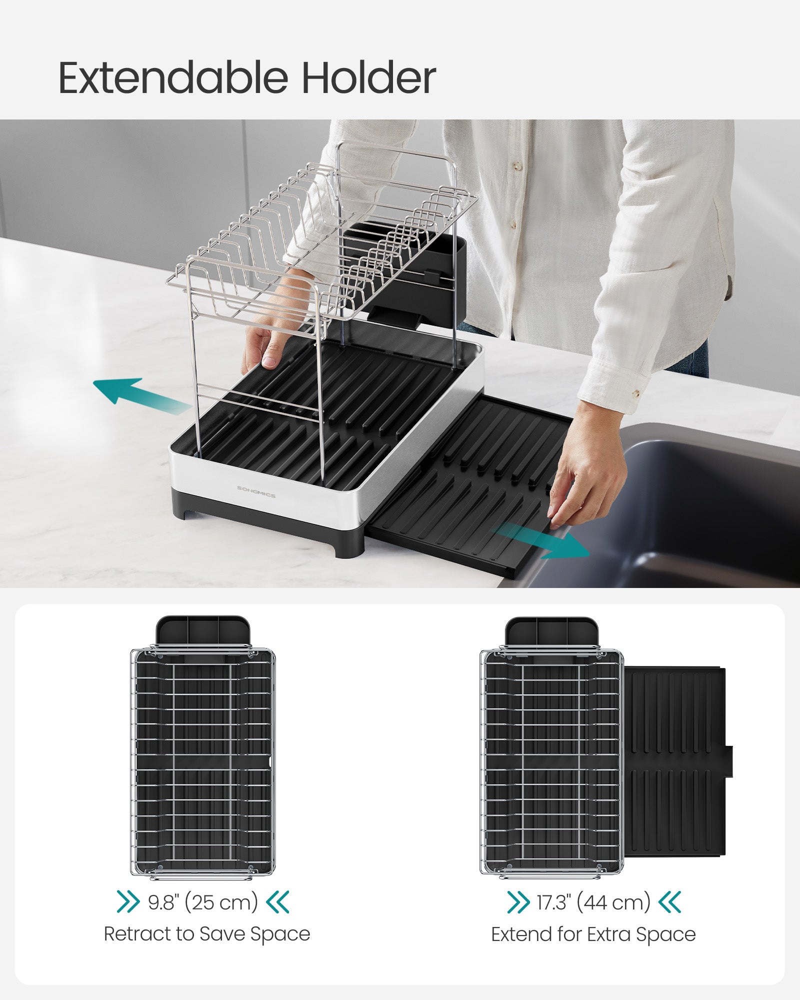 2-Tier Dish Drainer Rack - Stainless Steel - Silver and Black - Expandable with Utensil Holder