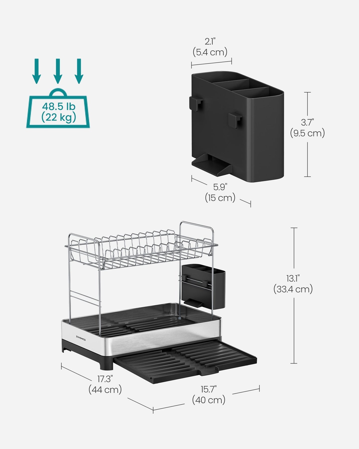2-Tier Dish Drainer Rack - Stainless Steel - Silver and Black - Expandable with Utensil Holder