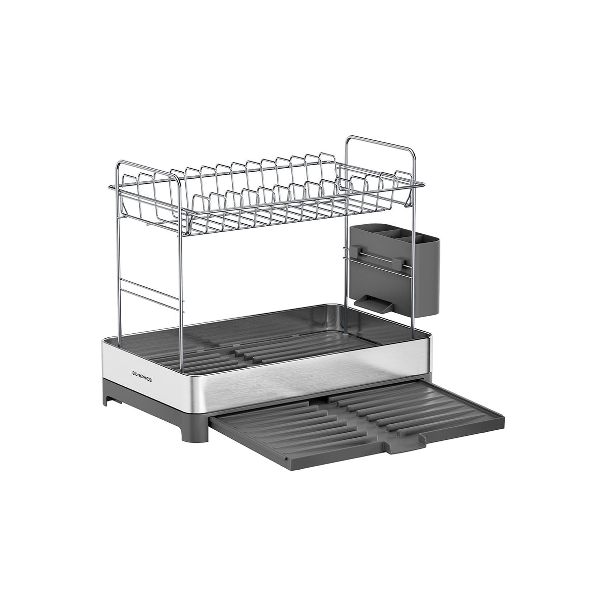 2-Tier Dish Drainer Rack - Stainless Steel - Silver and Black - Expandable with Utensil Holder