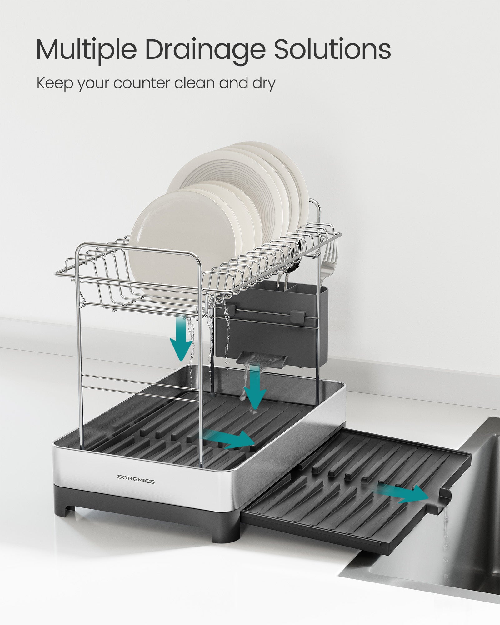2-Tier Dish Drainer Rack - Stainless Steel - Silver and Grey - Expandable with Utensil Holder