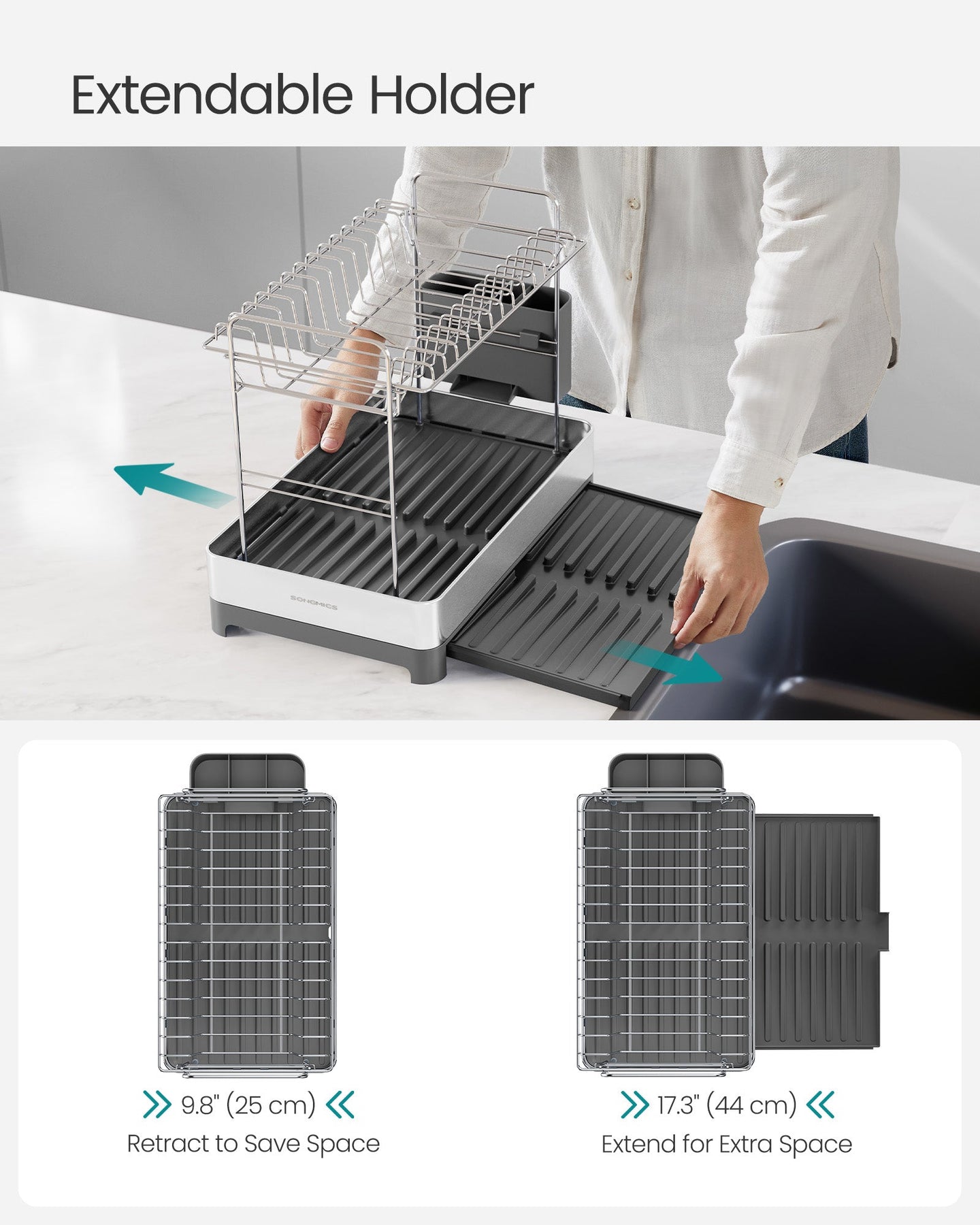 2-Tier Dish Drainer Rack - Stainless Steel - Silver and Grey - Expandable with Utensil Holder
