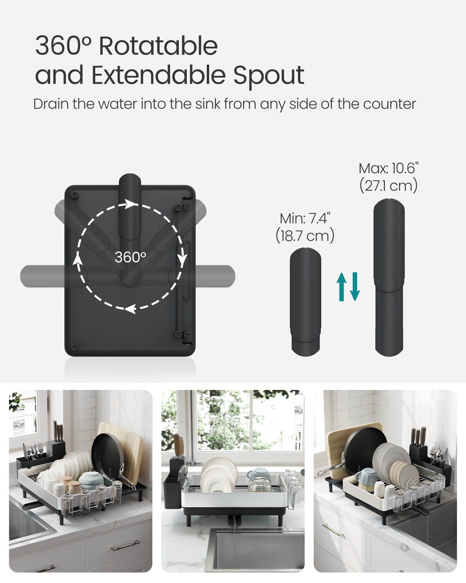 Expandable Dish Drainer Rack - Stainless Steel - Silver and Ink Black - Rotatable Spout and Multi-Holder Design