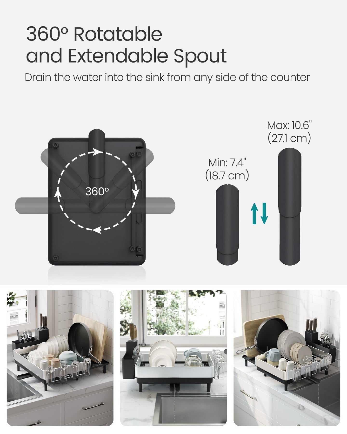 Expandable Dish Drainer Rack - Stainless Steel - Silver and Ink Black - Rotatable Spout and Multi-Holder Design