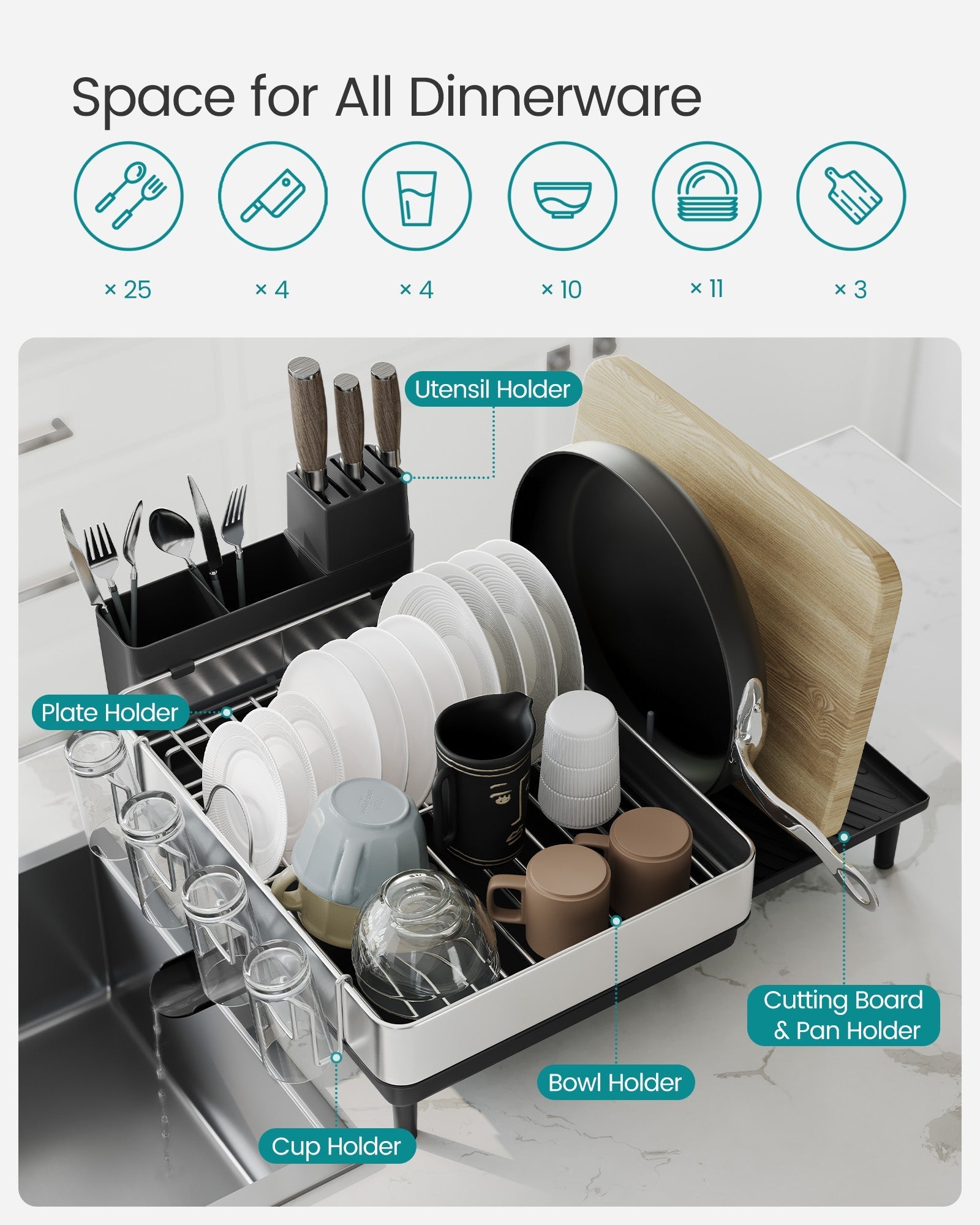 Expandable Dish Drainer Rack - Stainless Steel - Silver and Ink Black - Rotatable Spout and Multi-Holder Design