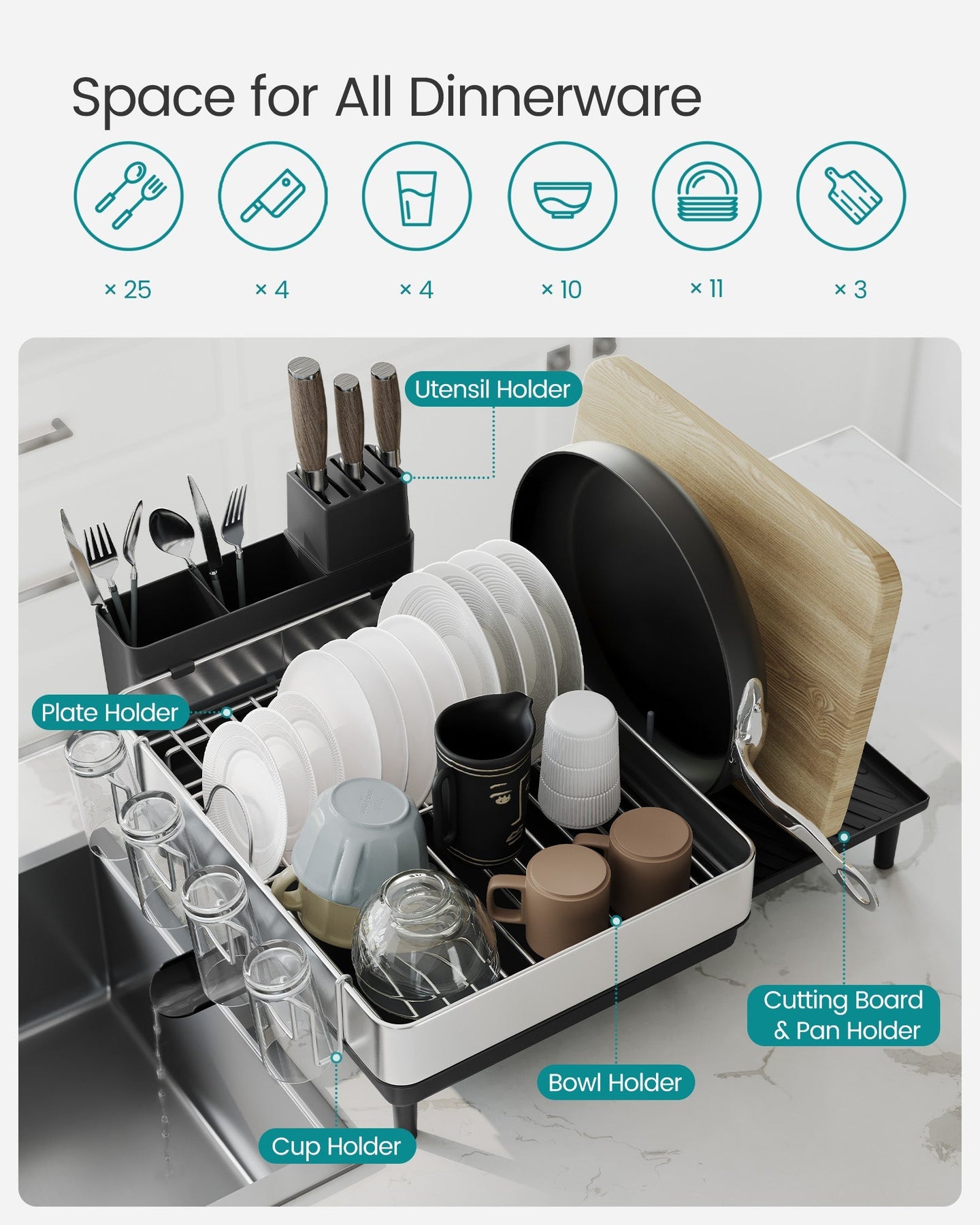 Expandable Dish Drainer Rack - Stainless Steel - Silver and Ink Black - Rotatable Spout and Multi-Holder Design