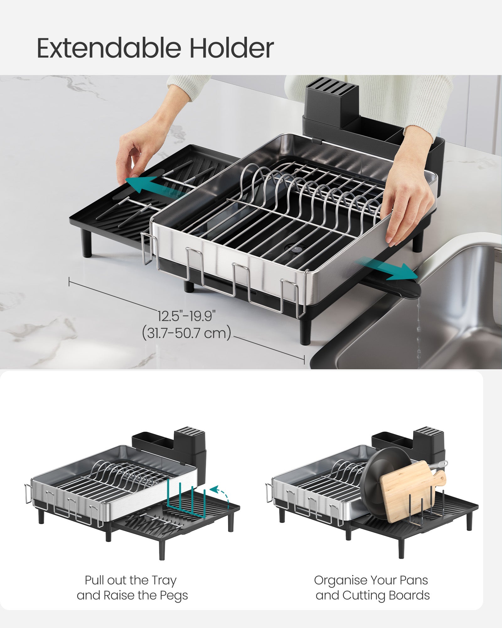 Expandable Dish Drainer Rack - Stainless Steel - Silver and Ink Black - Rotatable Spout and Multi-Holder Design