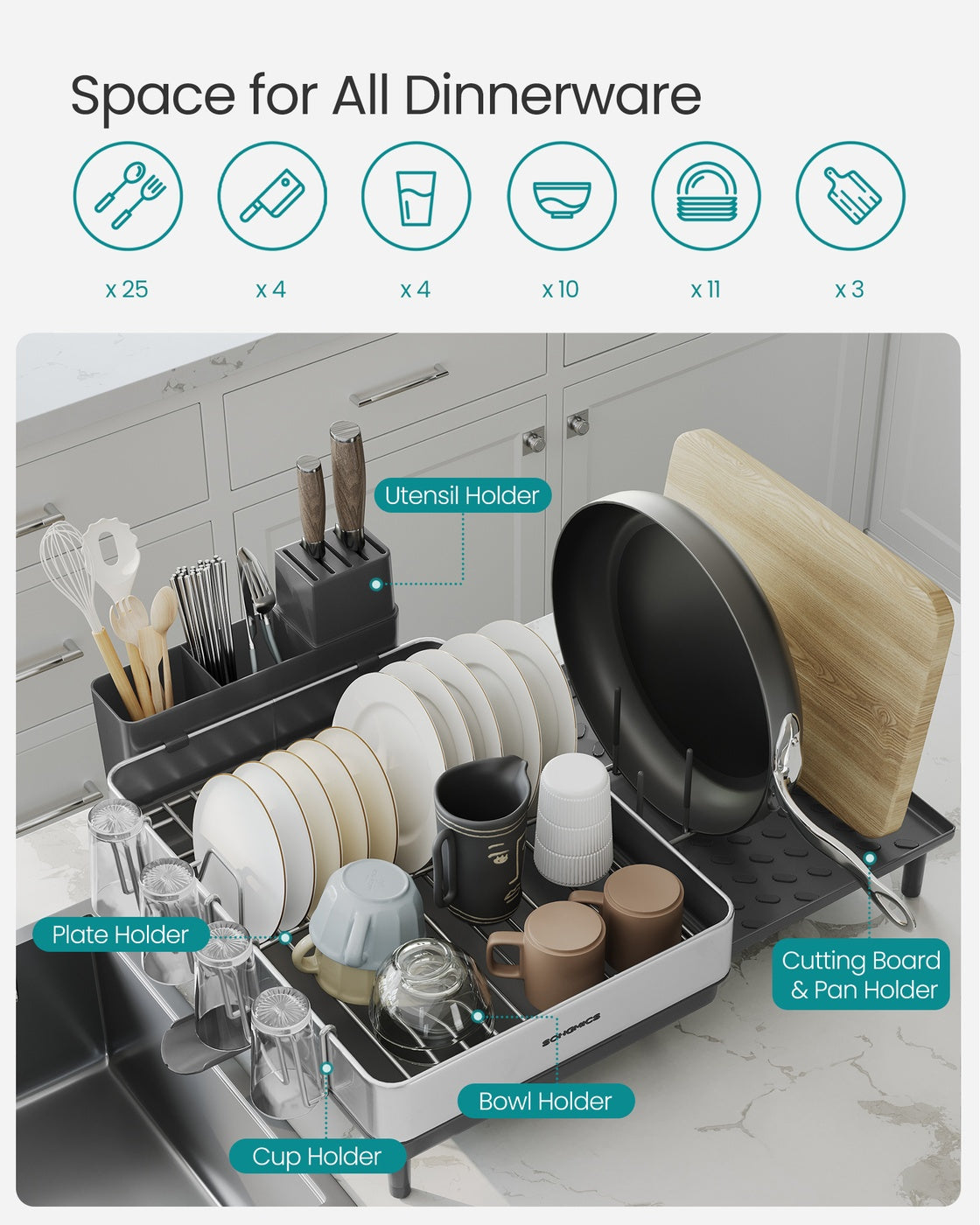 Dish Drainer Rack - Stainless Steel - Silver and Slate Grey - Expandable with Rotatable Spout