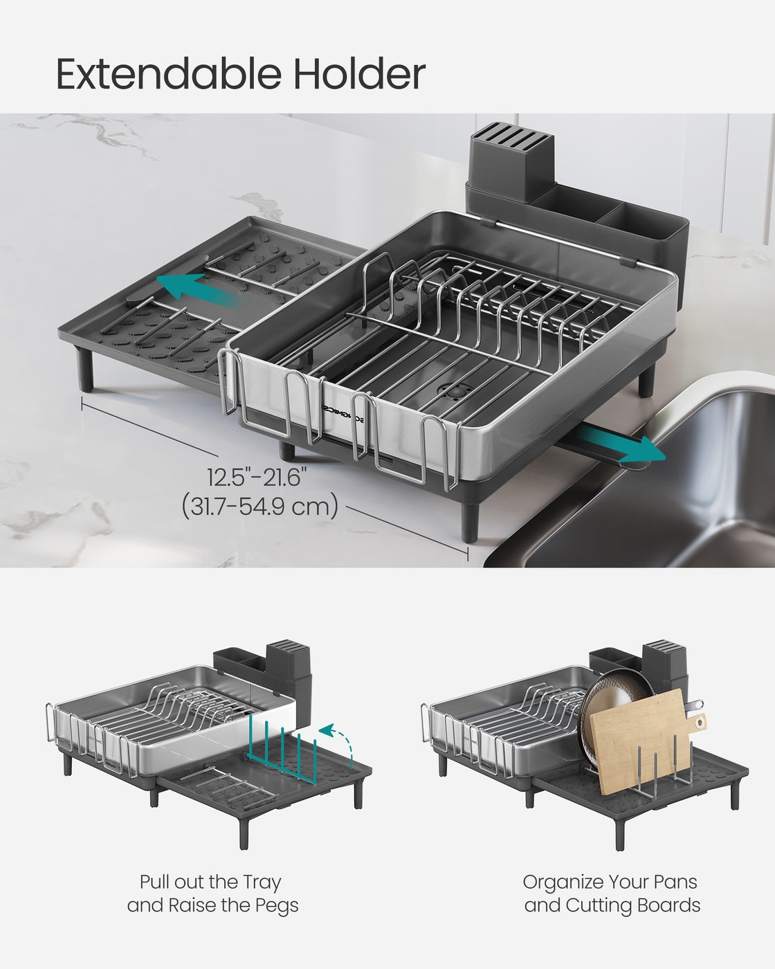 Dish Drainer Rack - Stainless Steel - Silver and Slate Grey - Expandable with Rotatable Spout